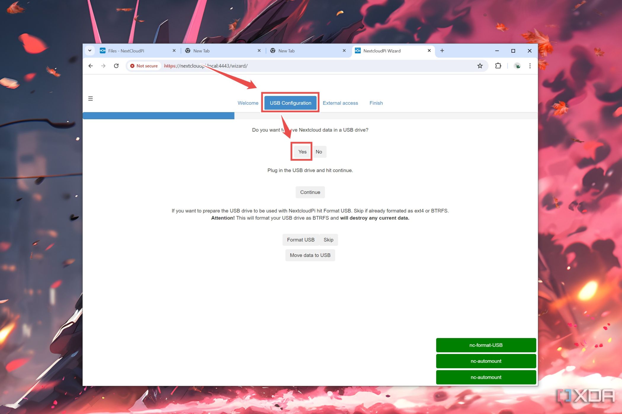 La pestaña de configuración USB en la interfaz web de NextCloudPi