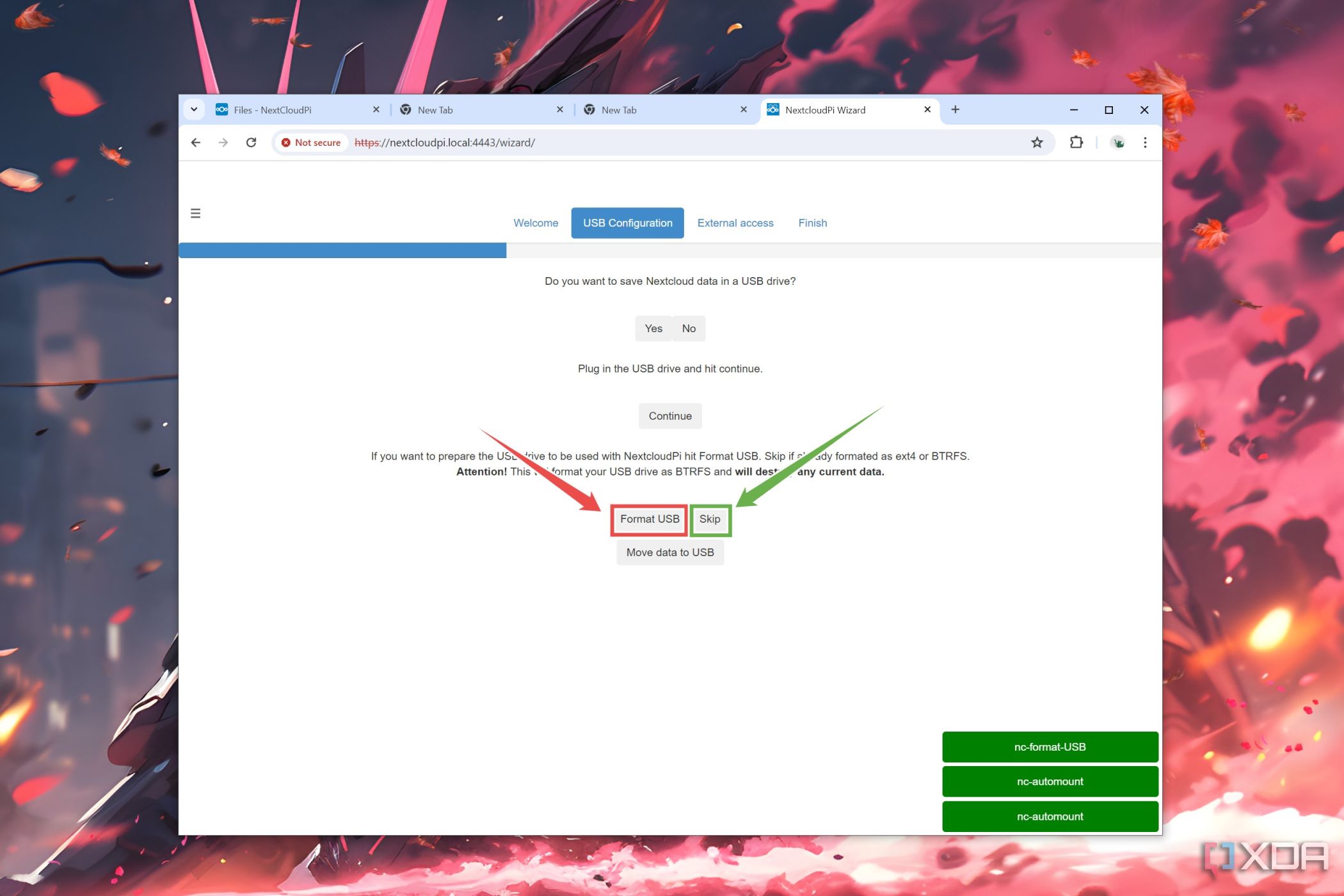 Los botones Formato y Omitir resaltados en la pestaña Configuración USB de la interfaz web de NextCloudPi