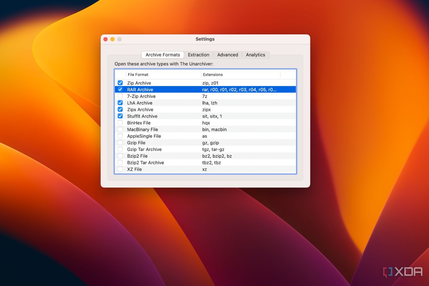 Captura de pantalla de Mac que muestra la configuración de la aplicación The Unarchiver