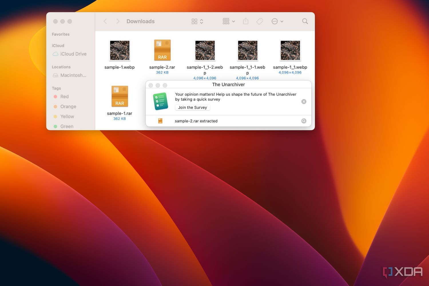 Captura de pantalla de macOS que muestra que se extrajo un archivo RAR a través de la aplicación Unarchiver