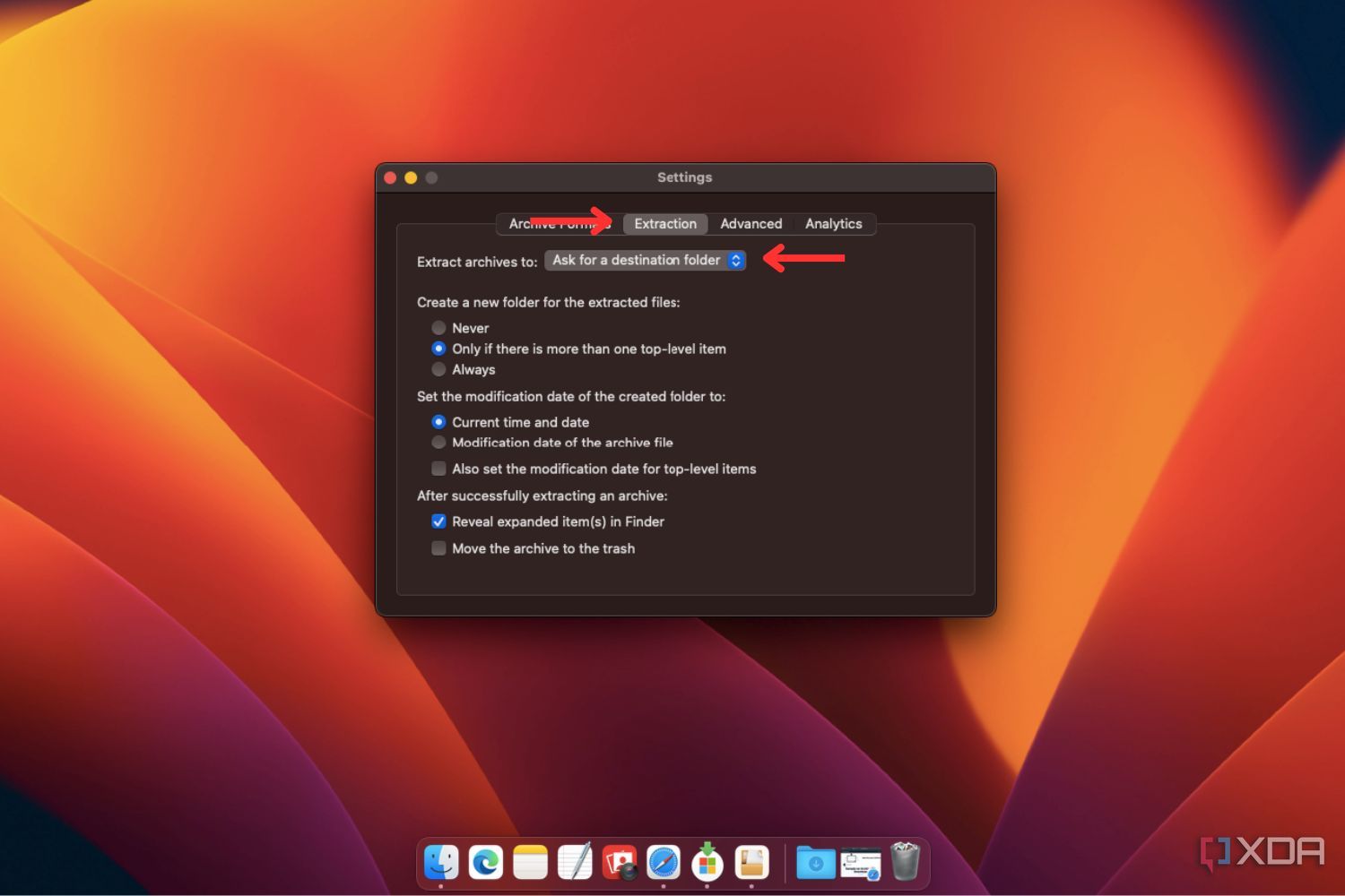 Captura de pantalla de macOS que muestra las preferencias de extracción para la aplicación The Unarchiver