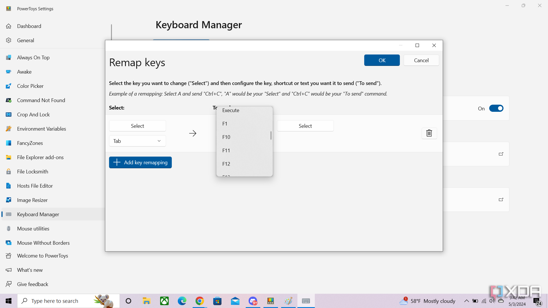 Cómo utilizar el menú desplegable para reasignar teclas en Microsoft PowerToys