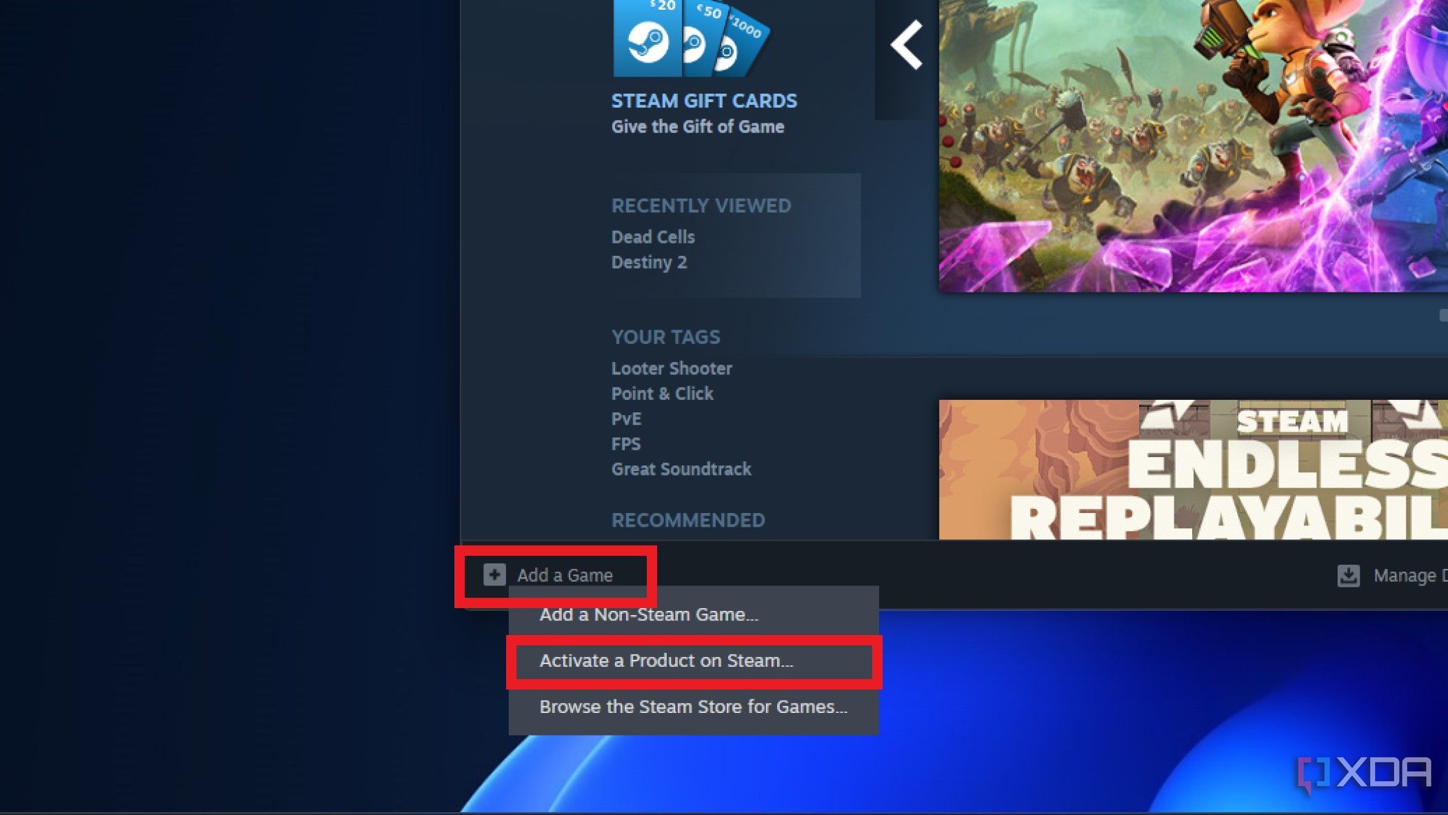 Captura de pantalla de la aplicación de escritorio de Steam con "agregar un juego" y "activar un producto en Steam" resaltados