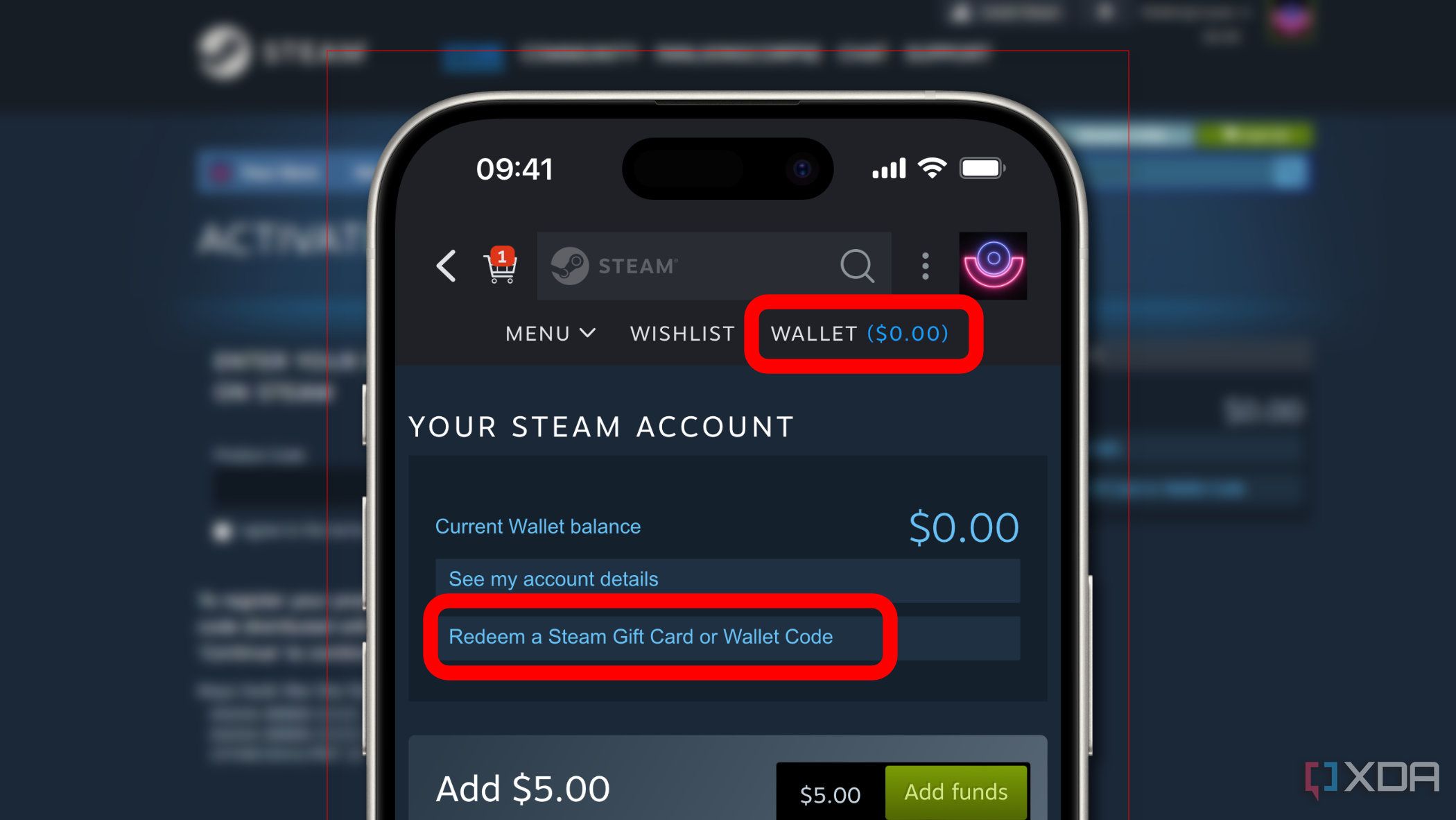 Aplicación móvil de Steam en un teléfono, flotando sobre una imagen borrosa de la aplicación de escritorio de Steam