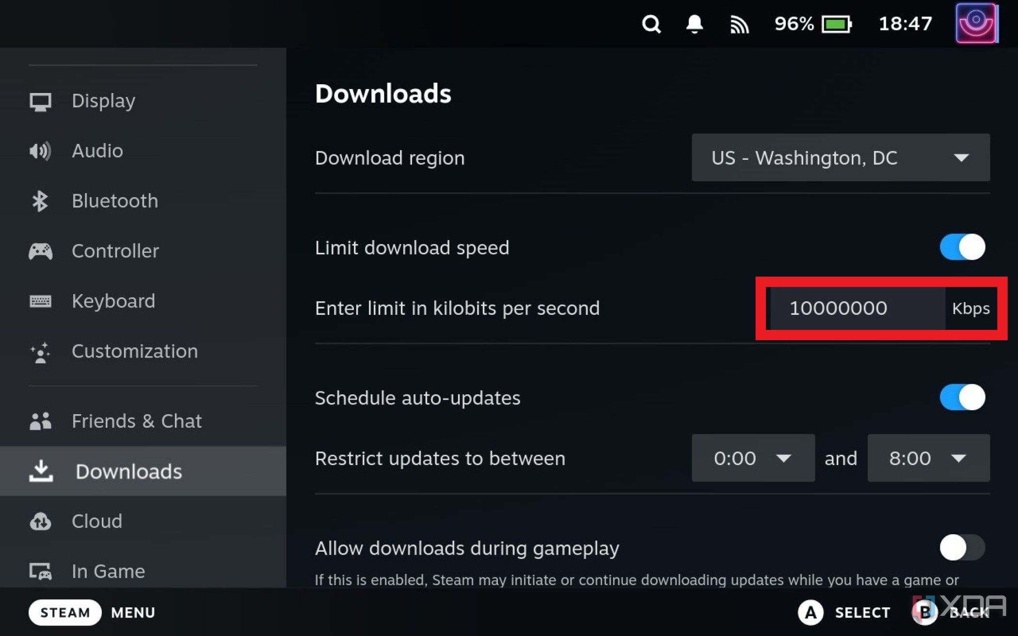 Captura de pantalla del menú de descargas de Steam Deck que muestra 10 millones en el campo de velocidad límite de descarga