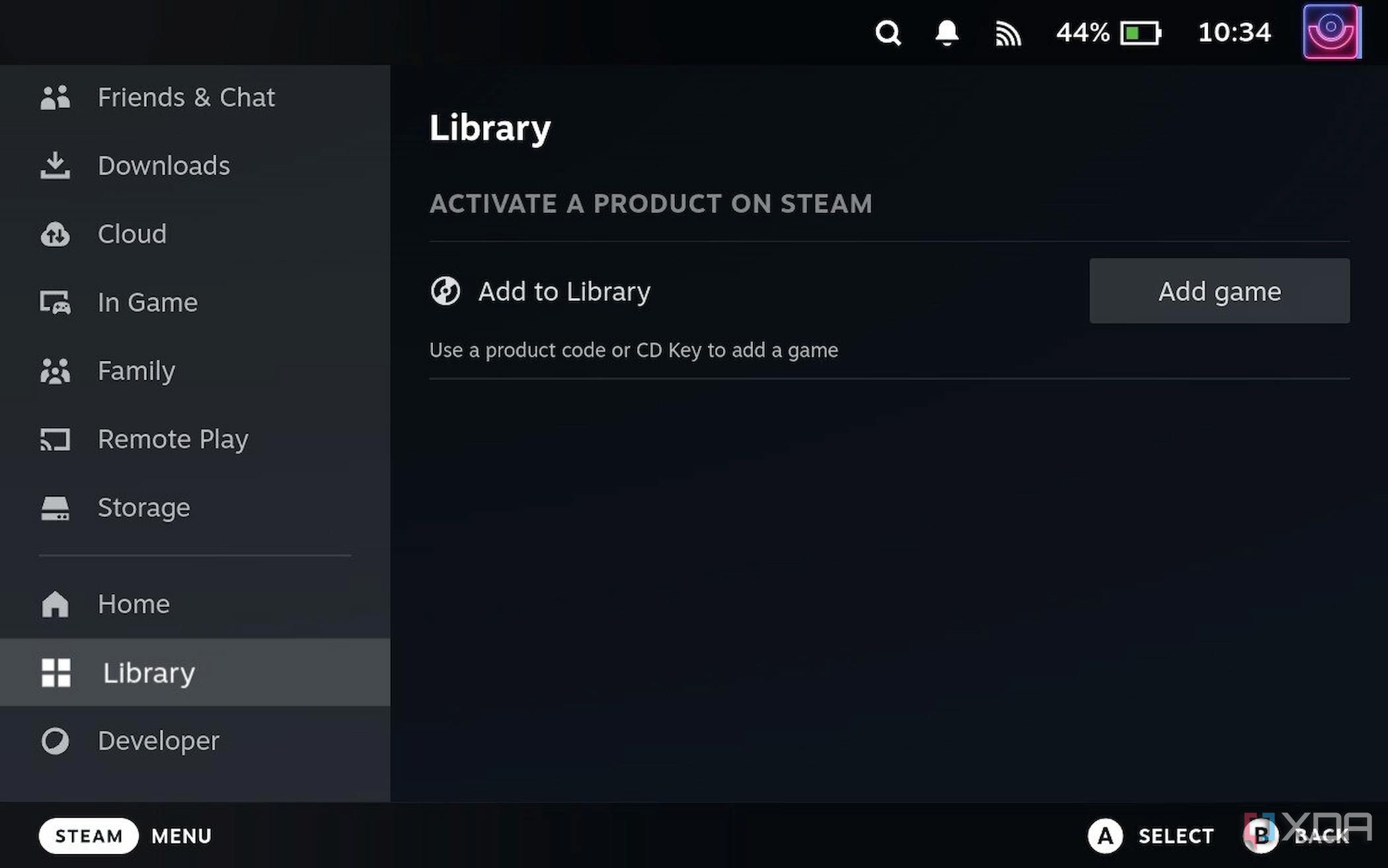 Captura de pantalla de los menús de configuración de Steam Deck que muestran la función Agregar a la biblioteca