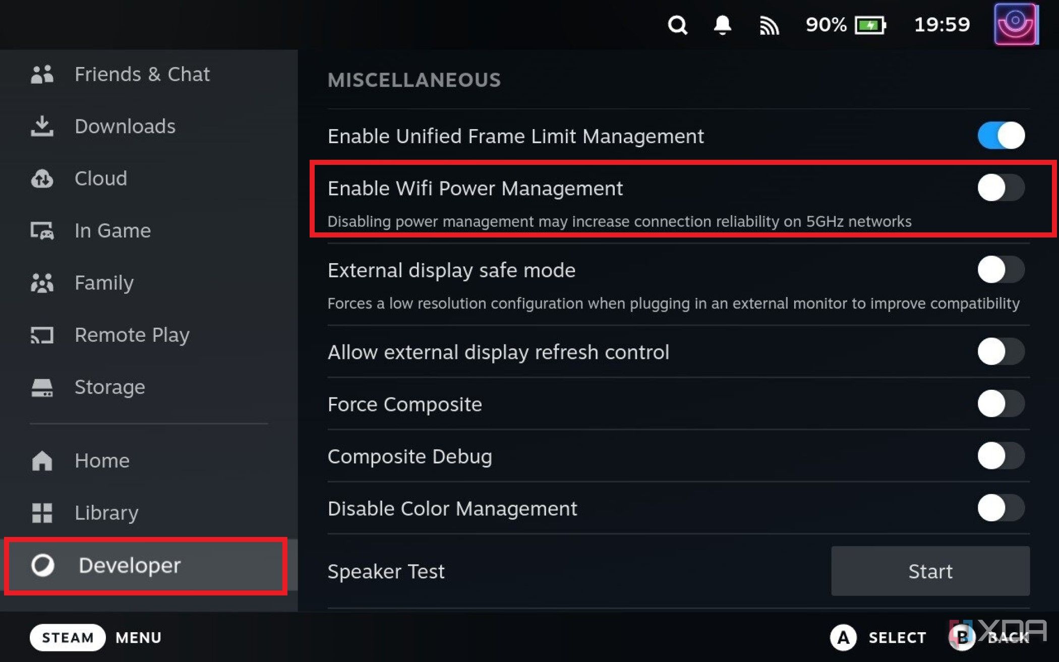 Captura de pantalla de las opciones del menú de desarrollador de Steam Deck con la opción de administración de energía wifi deshabilitada