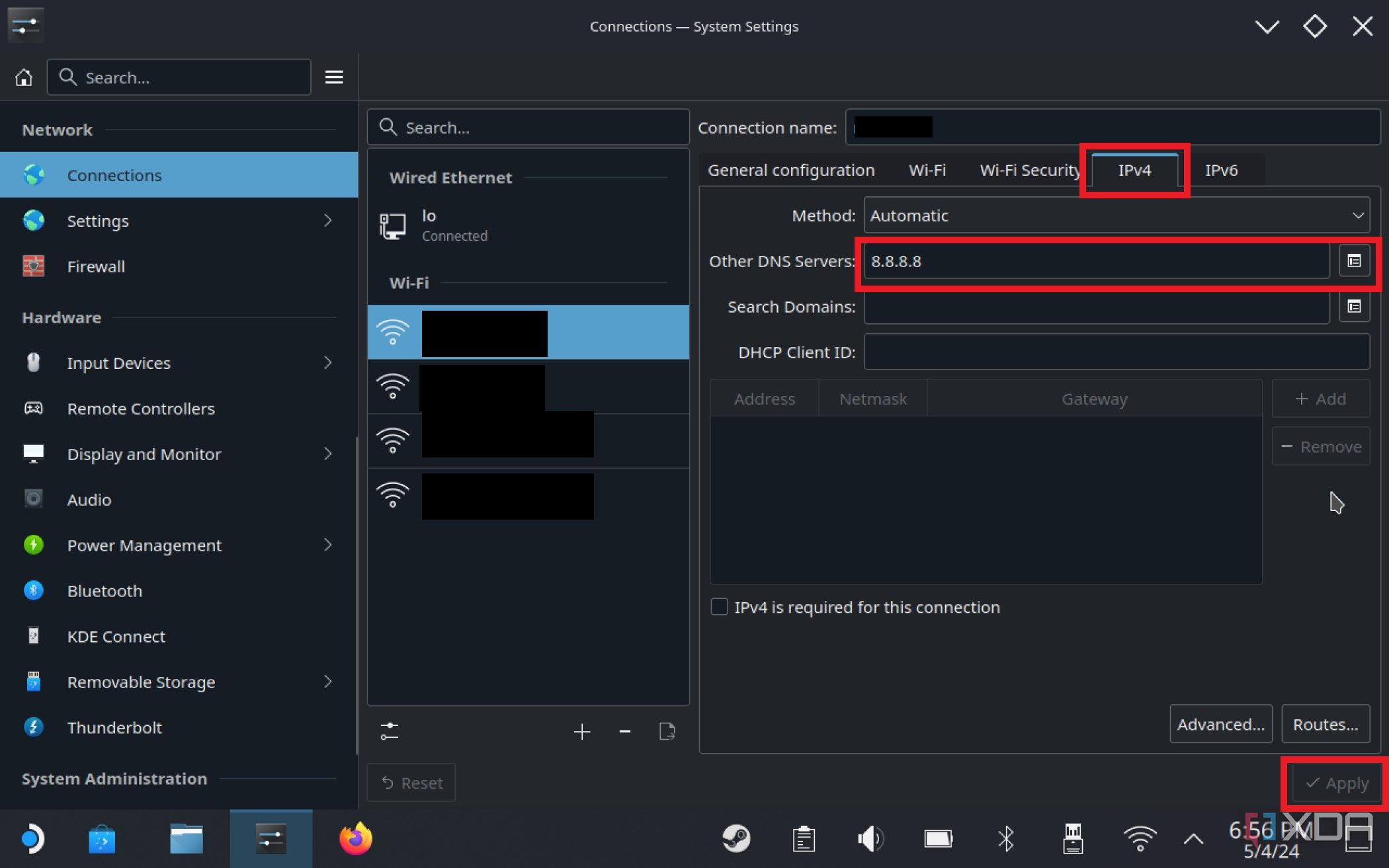 Captura de pantalla del menú wifi en Steam Deck que muestra la configuración de DNS para la conexión actual