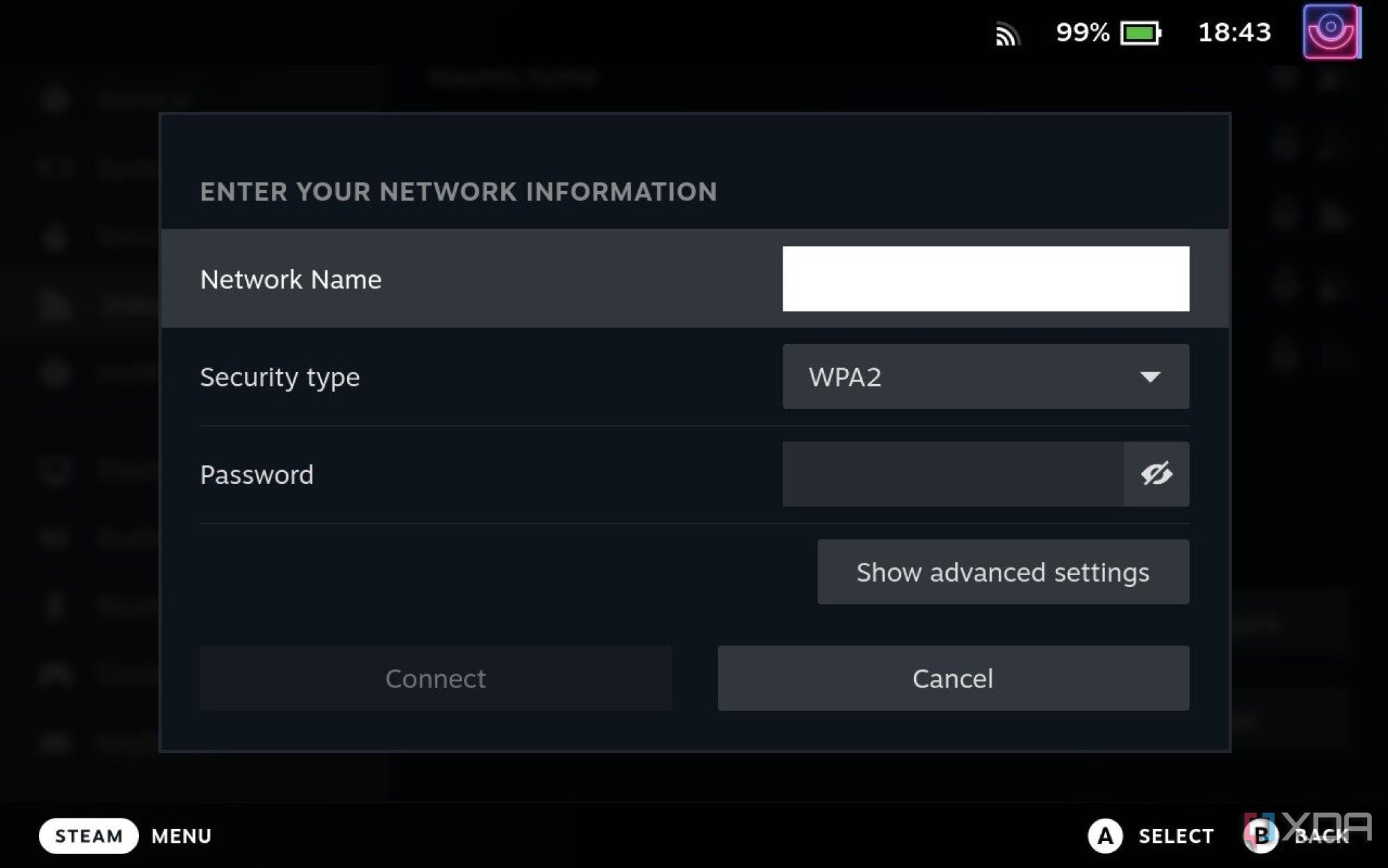 Captura de pantalla del sistema operativo Steam que muestra la página de configuración de detalles de wifi