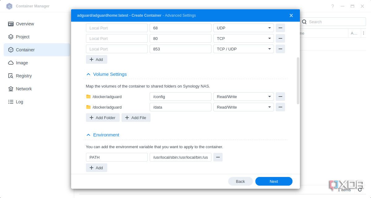 Configuración de puertos y carpetas para AdGuard en Synology DSM