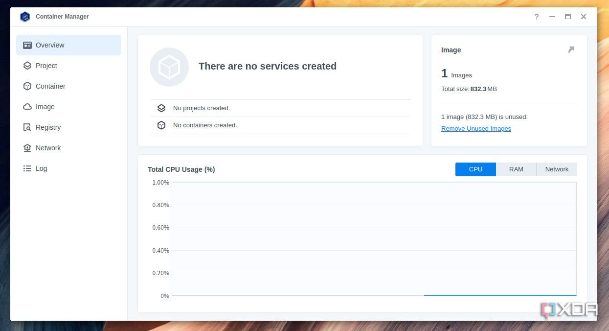 Administrador de contenedores ejecutándose en Synology NAS