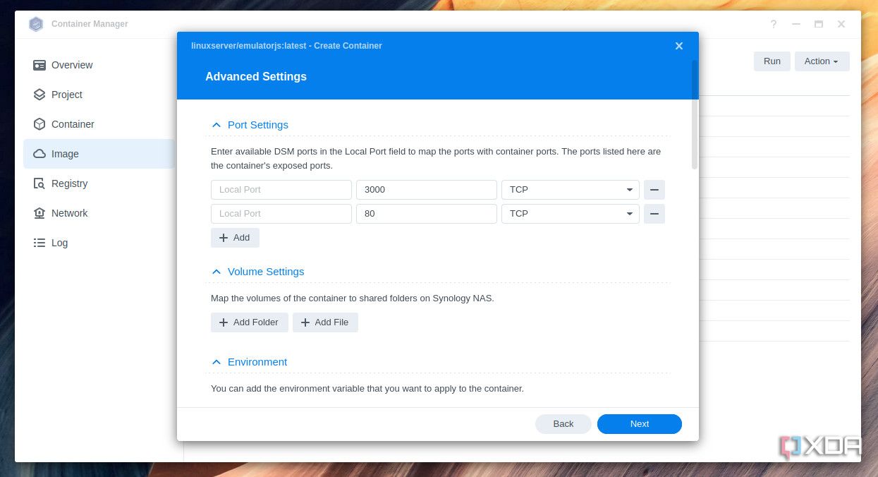 Configuración del contenedor en Synology NAS