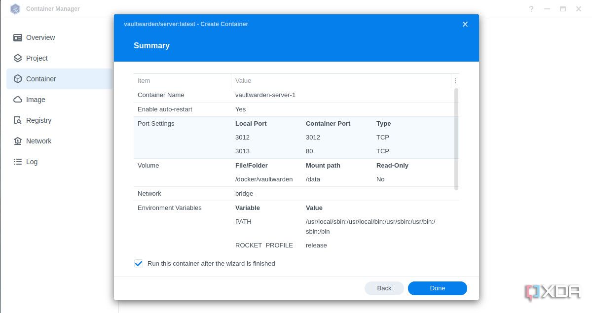 Resumen de la configuración de DSM de Vaultarden