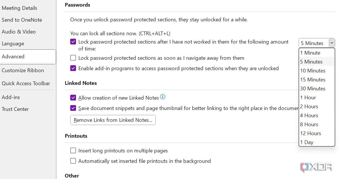 Duración de la protección de contraseña en OneNote