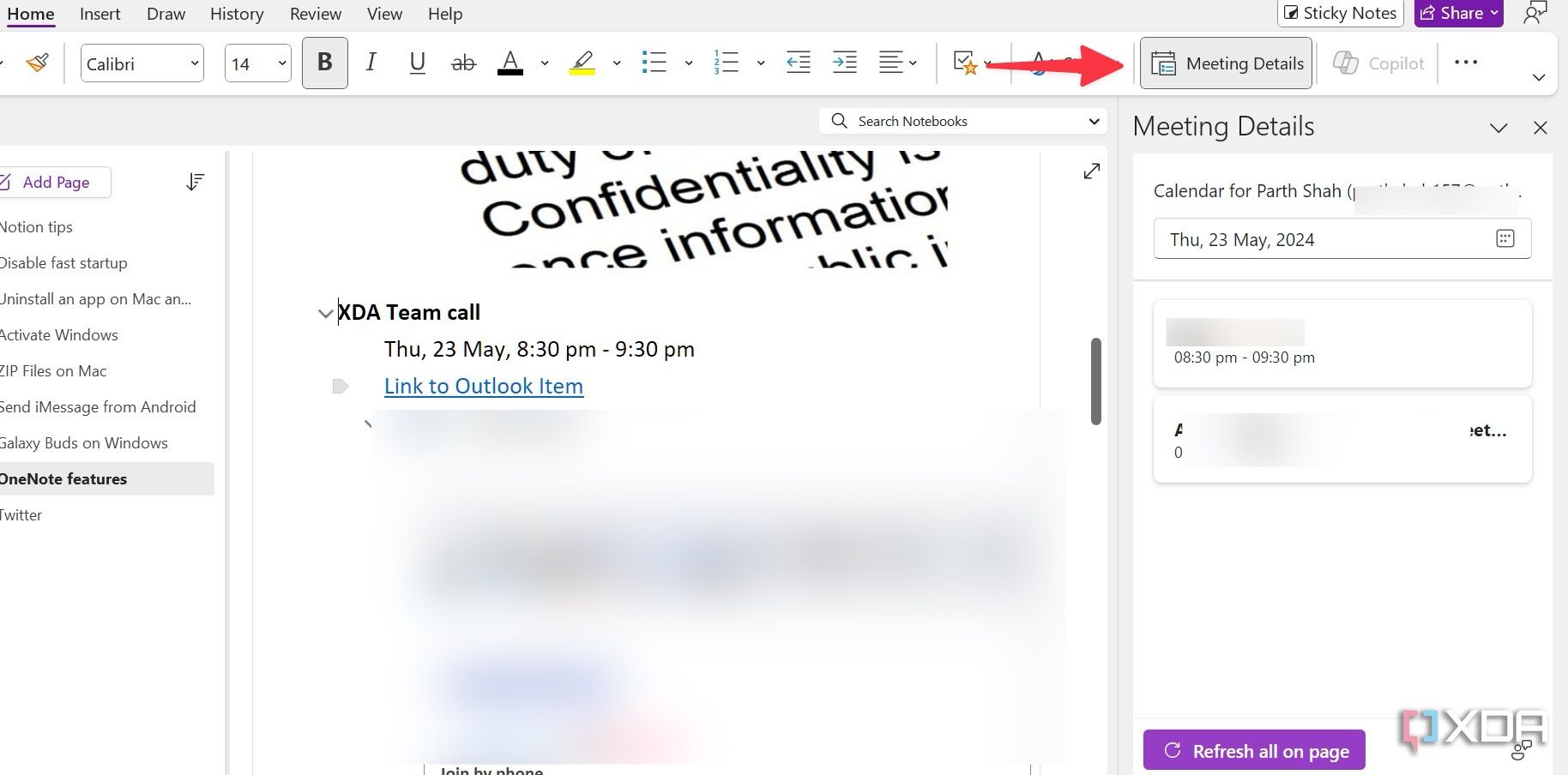 detalles de la reunión en OneNote