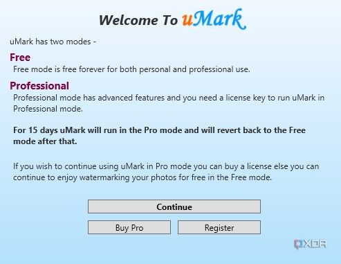 uMark free and pro modes screen