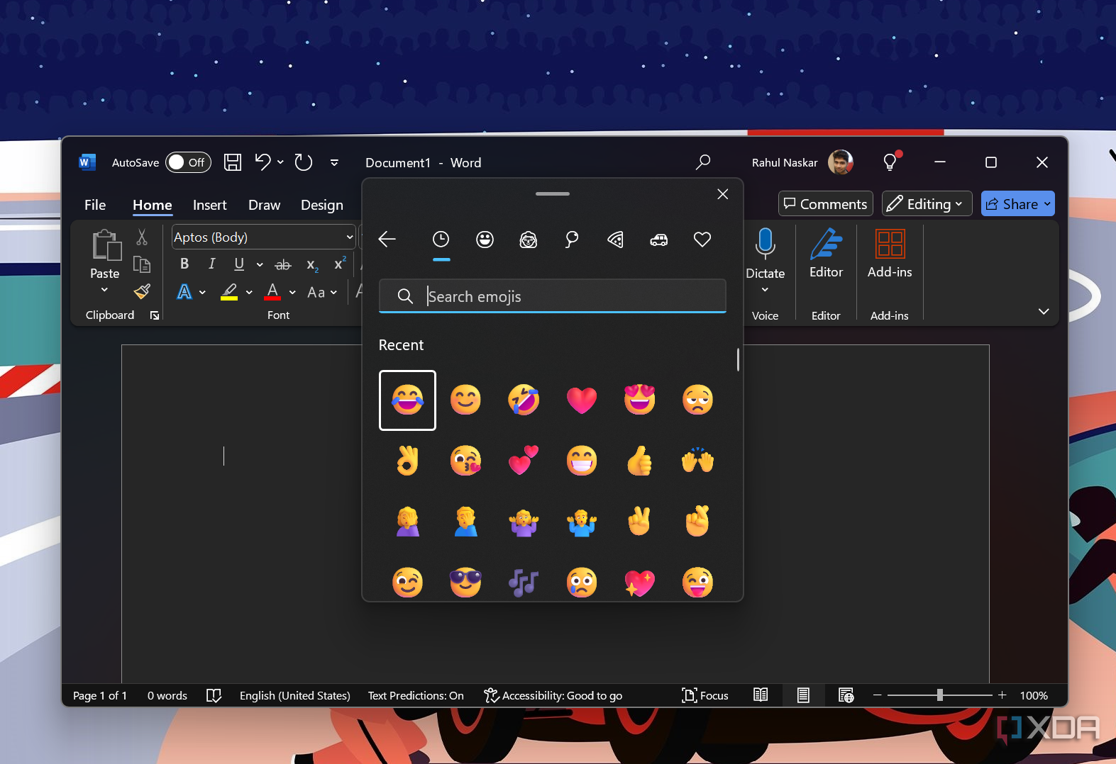 Captura de pantalla que muestra el panel de emojis de Windows 11