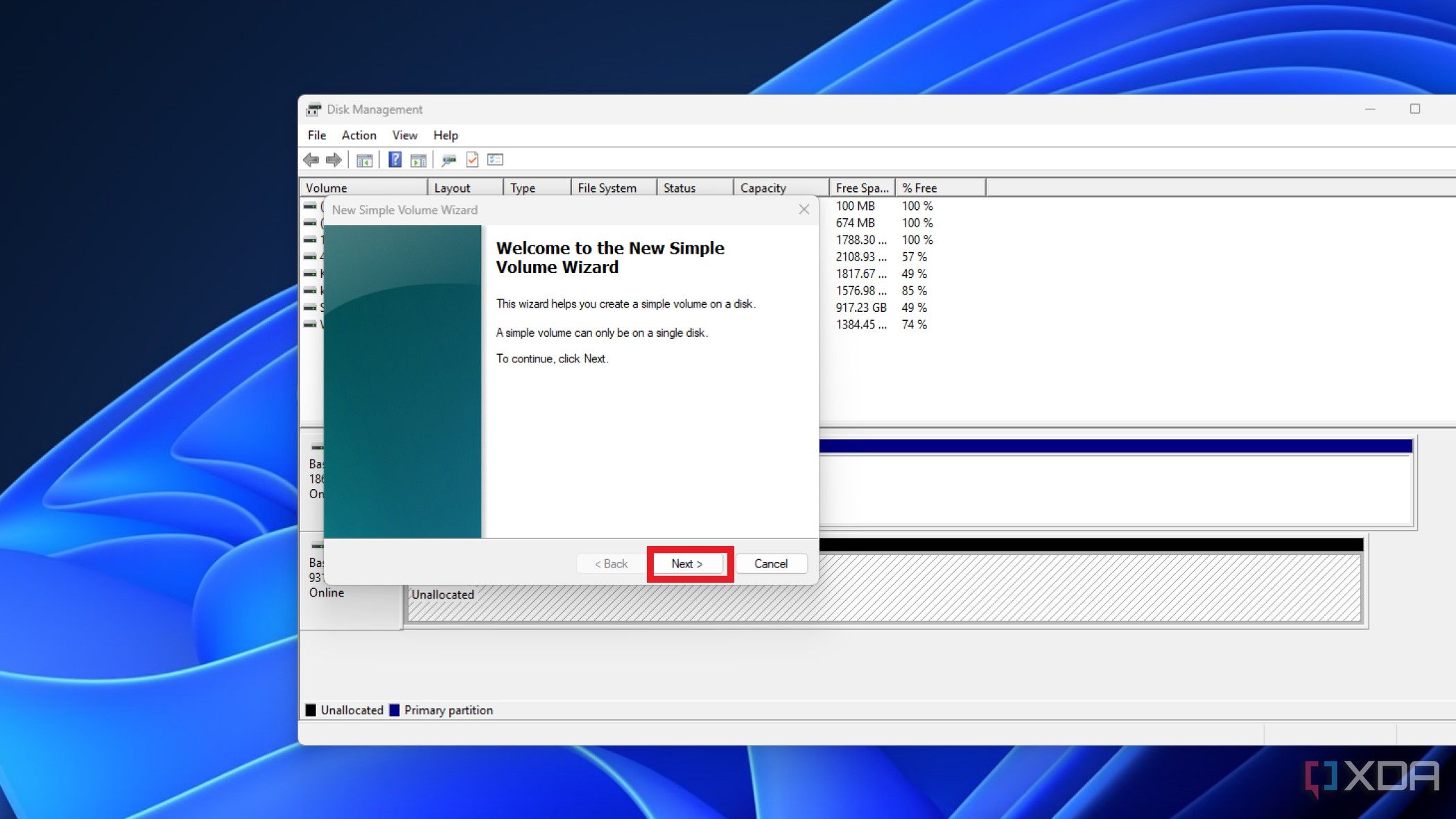 screenshot of disk management showing the new simple volume wizard
