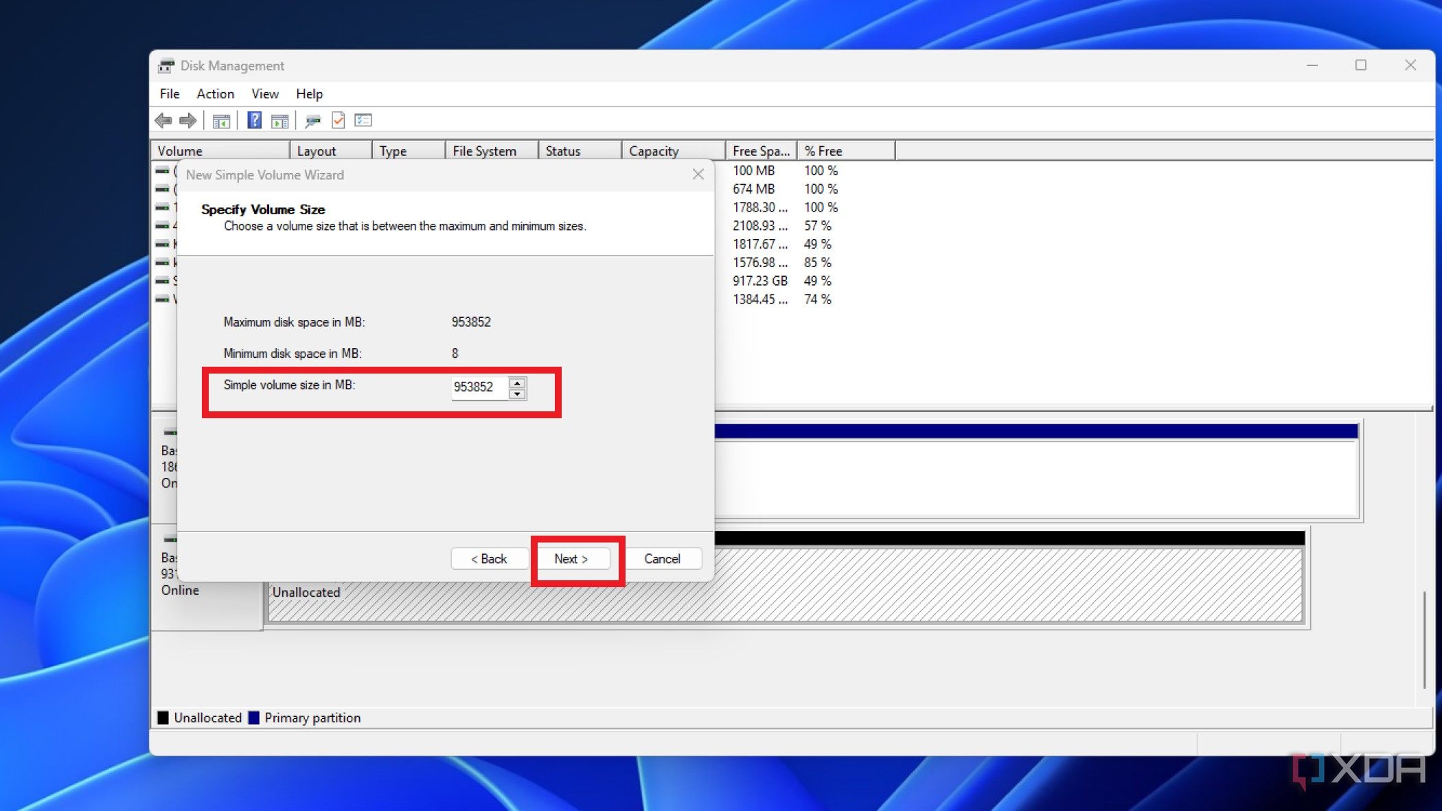 screenshot of disk management showing the simple partition tool creating a partition