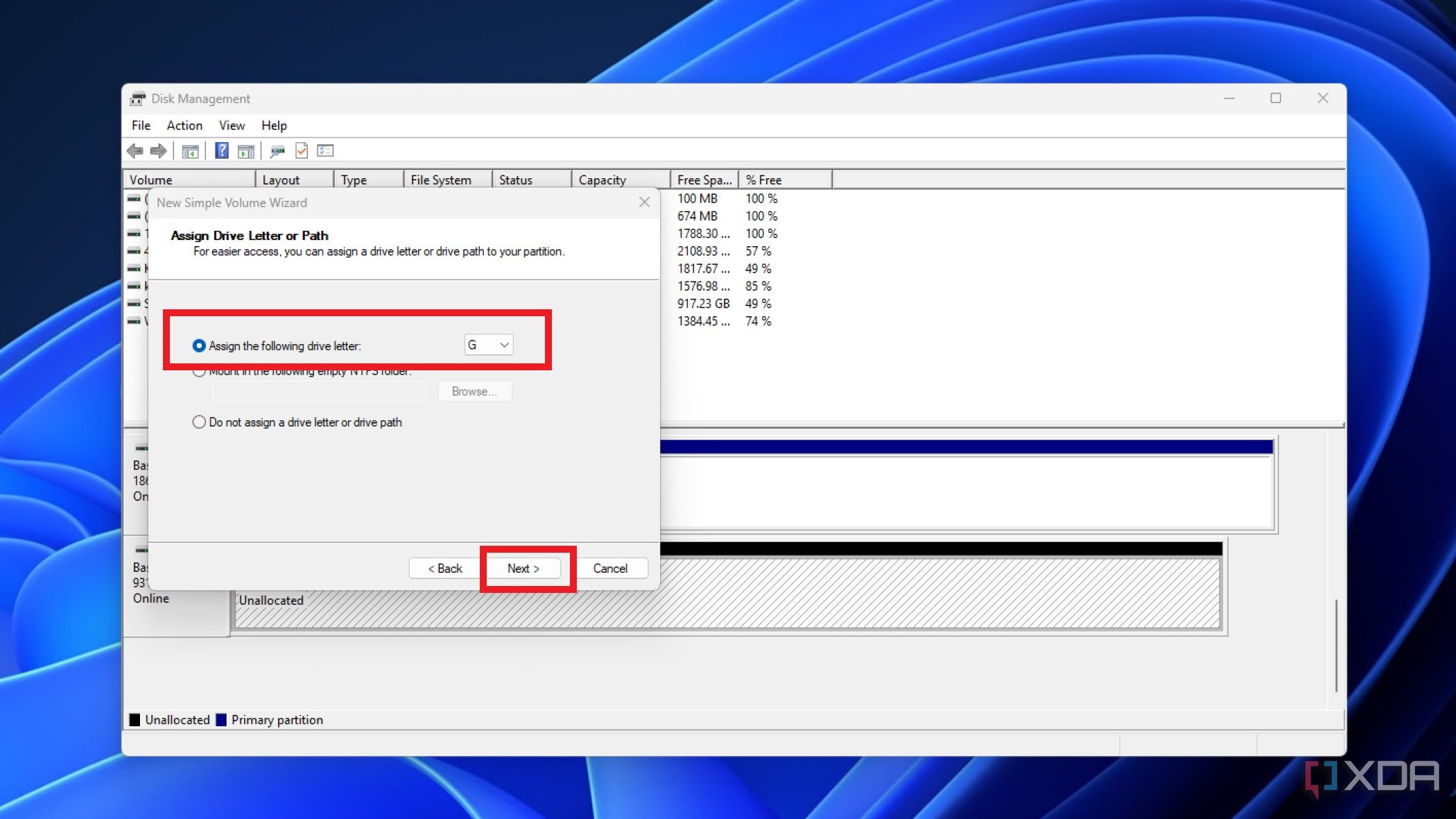 screenshot of disk management showing the assigning of a drive letter to a new partition