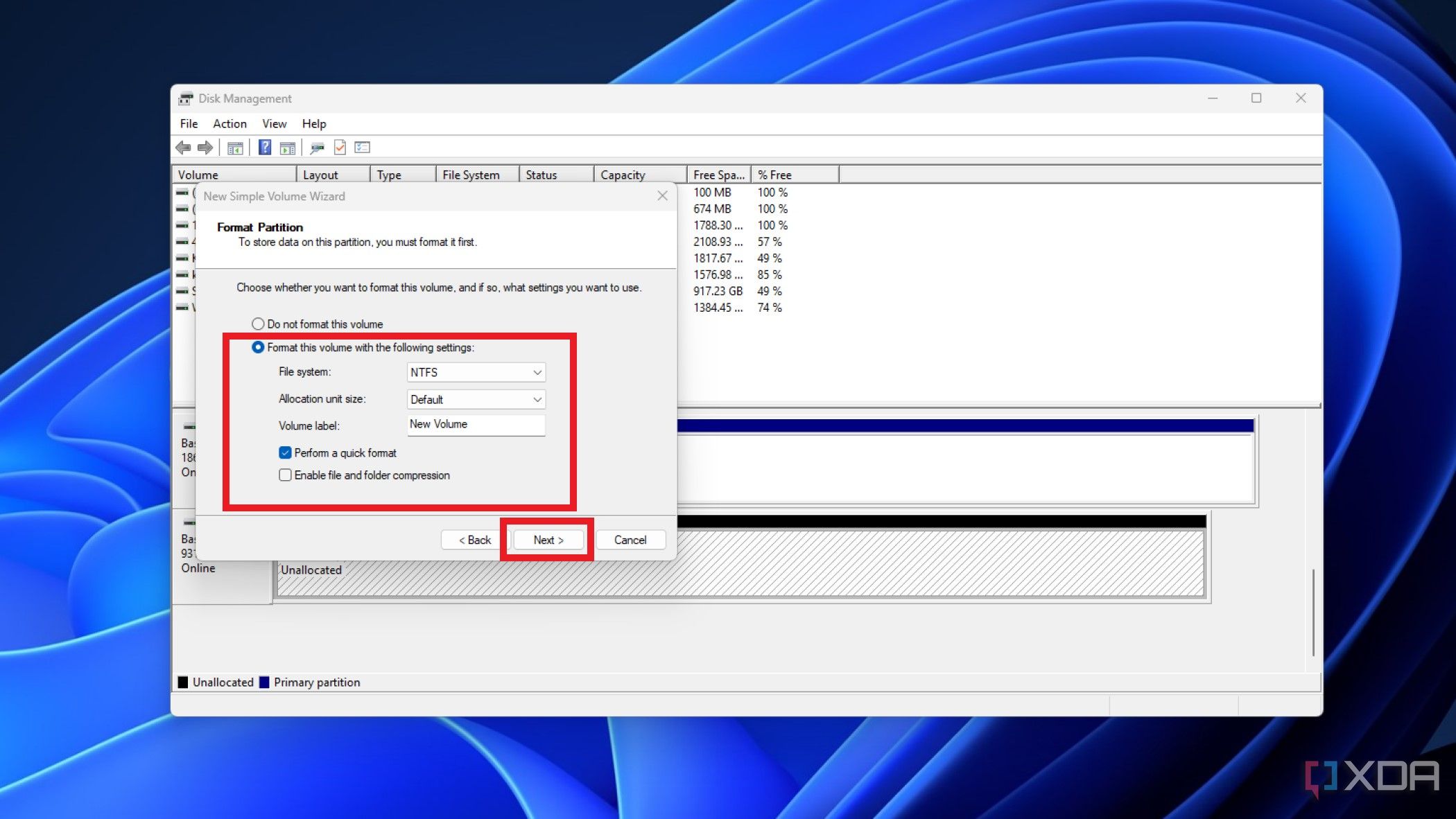 screenshot of disk management showing the last step of creating a new partition