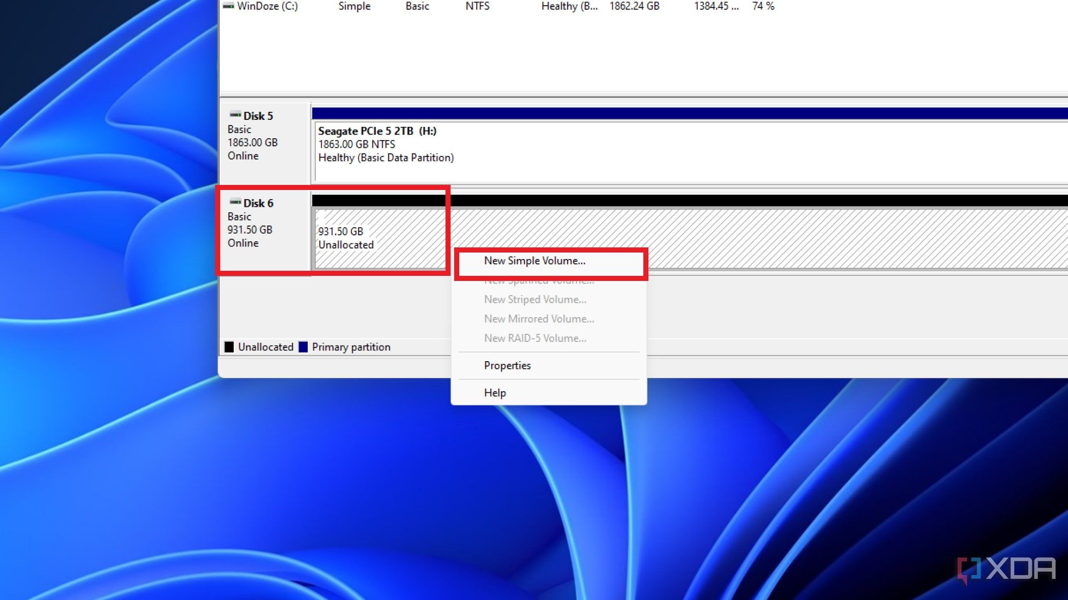screenshot of disk management showing the new simple volume option