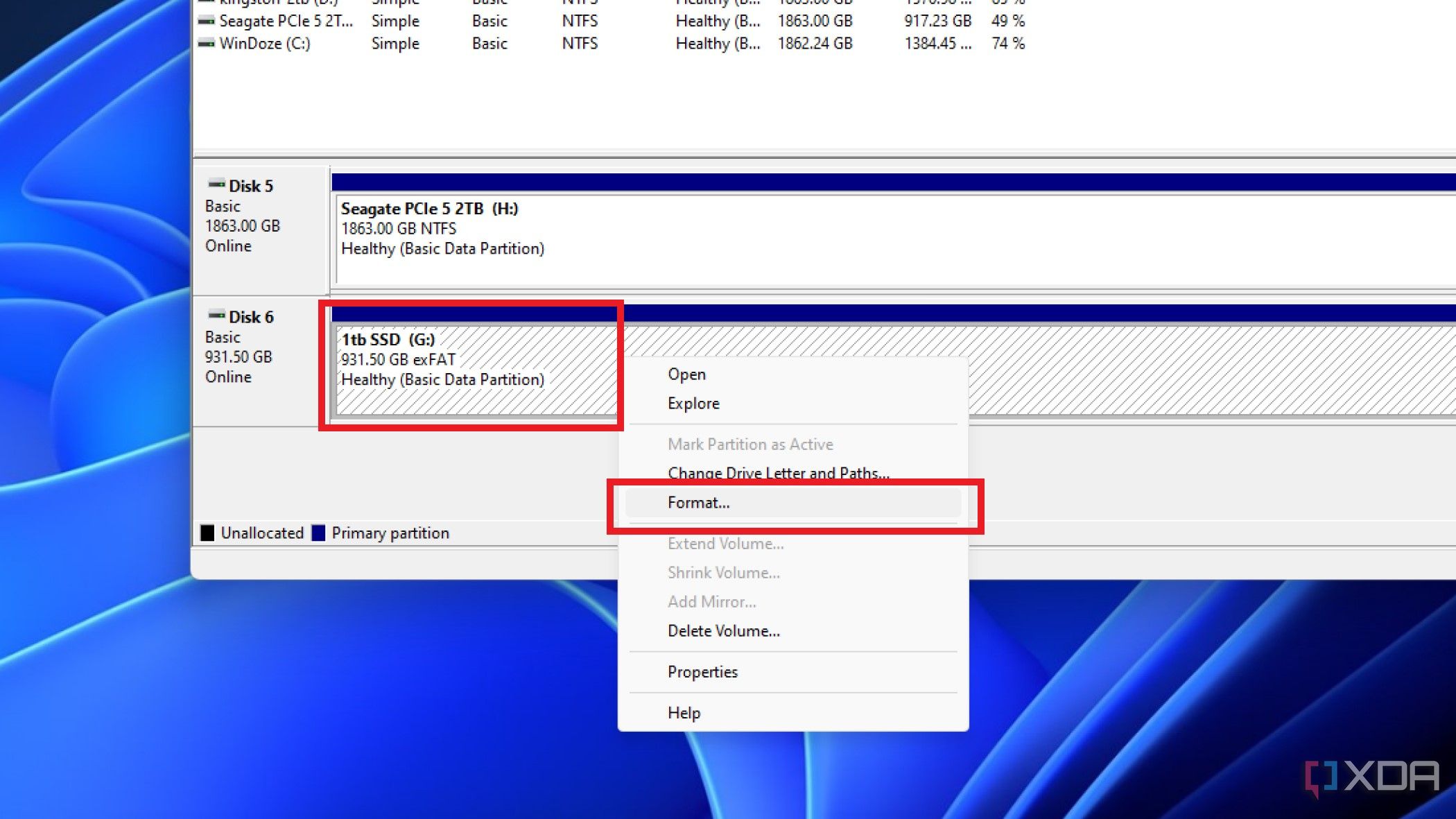 screenshot of disk management with the option to format the drive highlighted