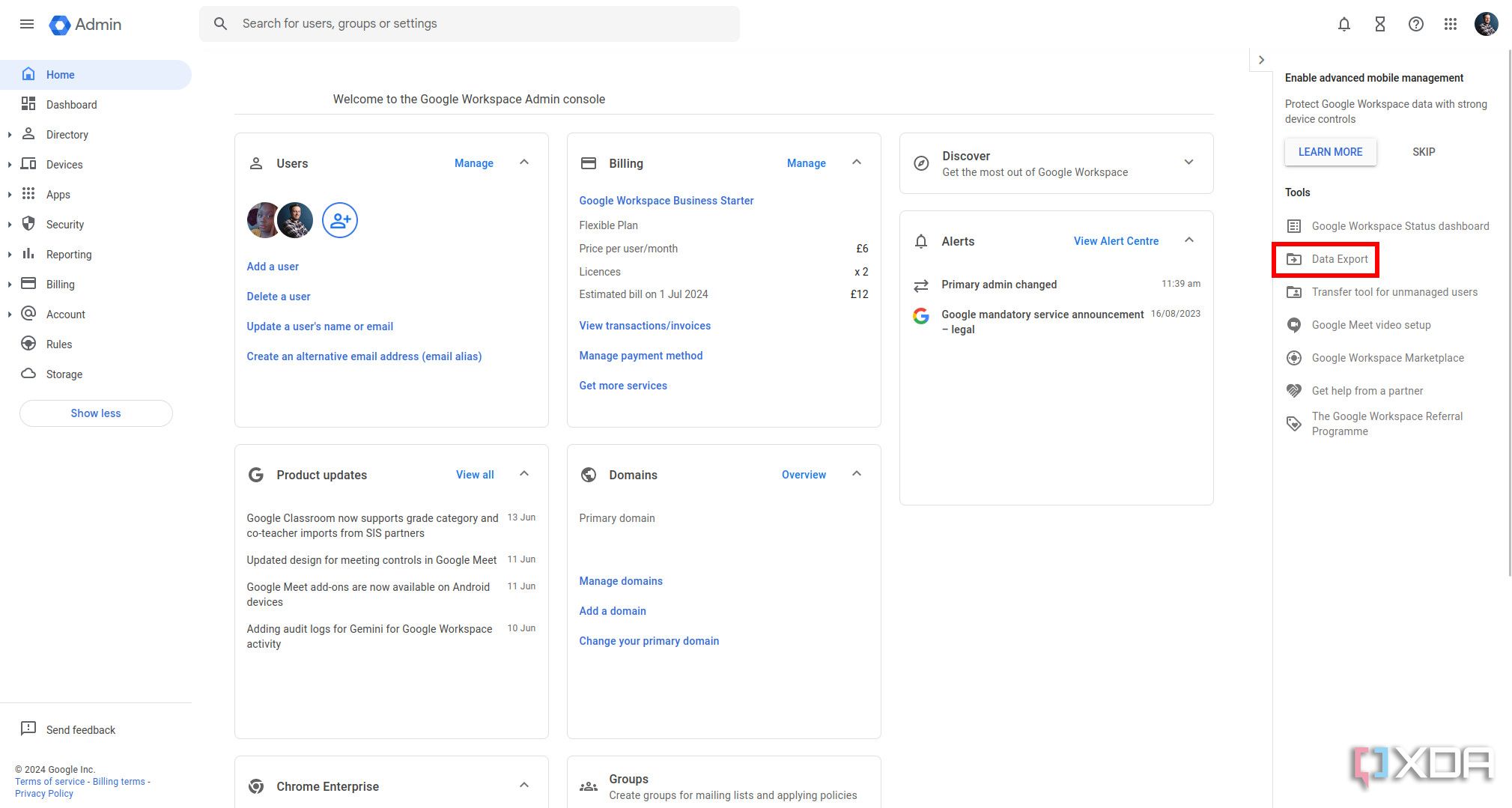 Google Workspace Admin console tools menu