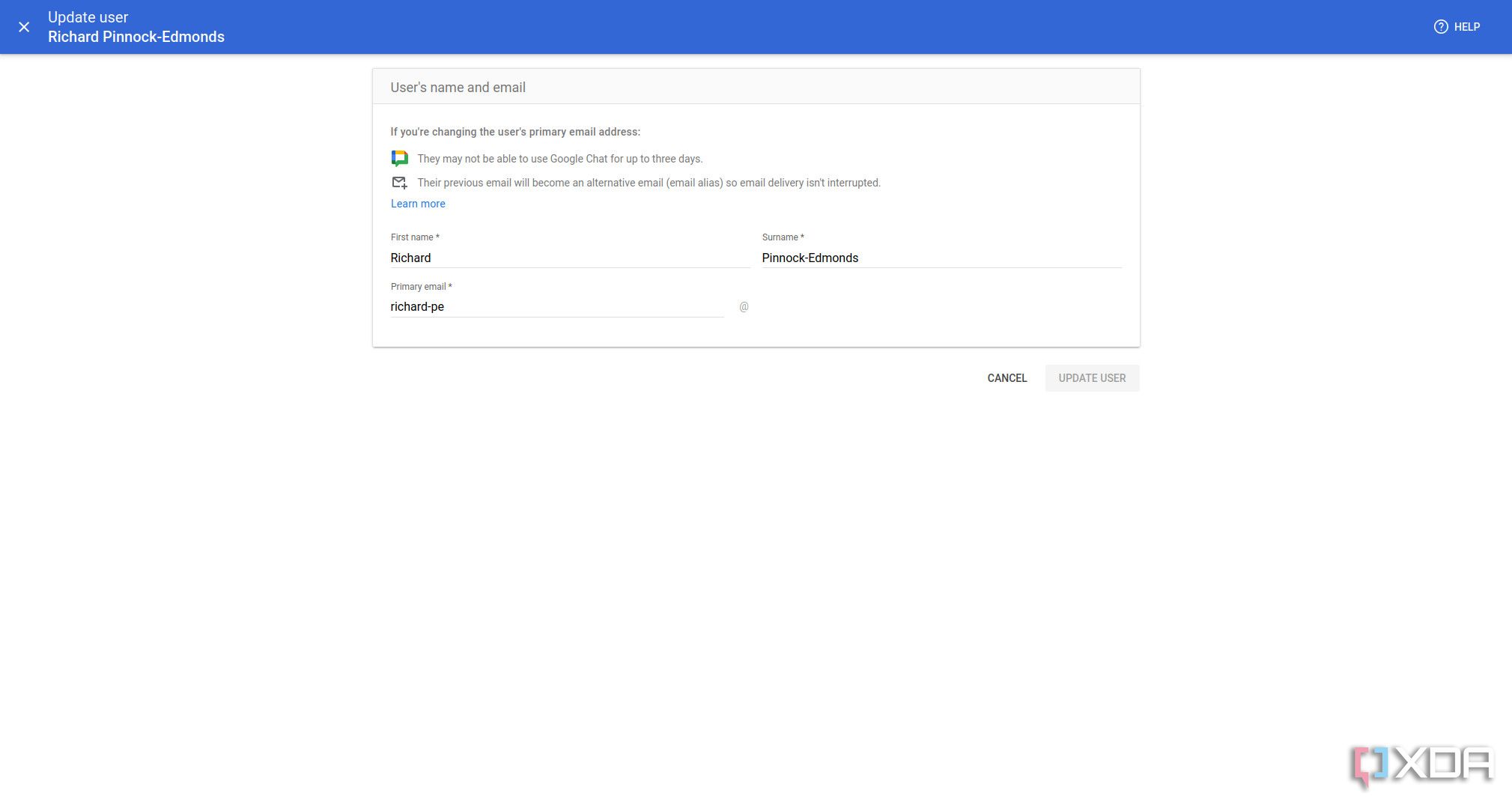 Updating a Google Workspace account name and email