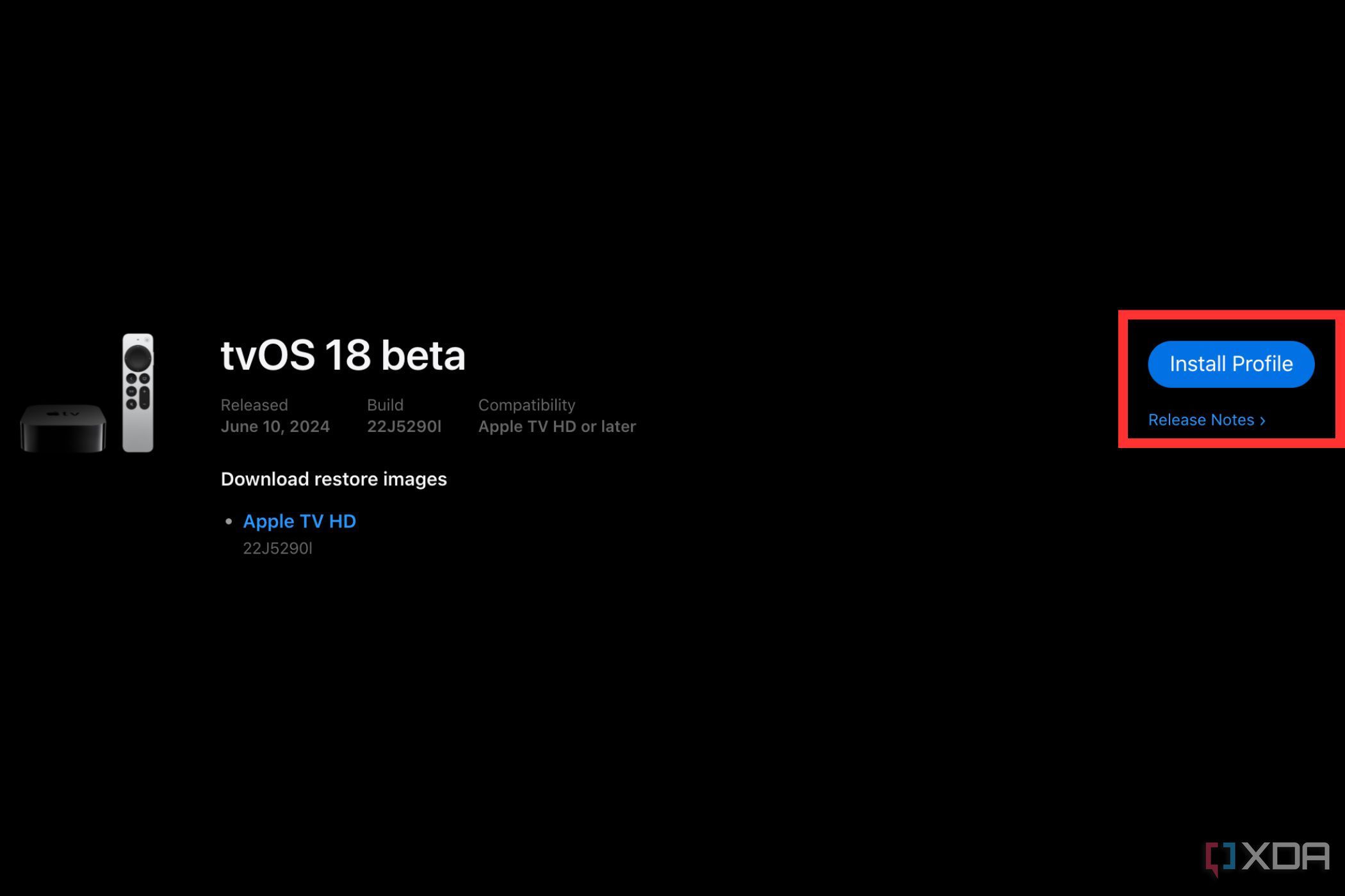 Una imagen que muestra un botón Instalar perfil resaltado junto al listado de la versión beta de tvOS 18 en el sitio web para desarrolladores de Apple.