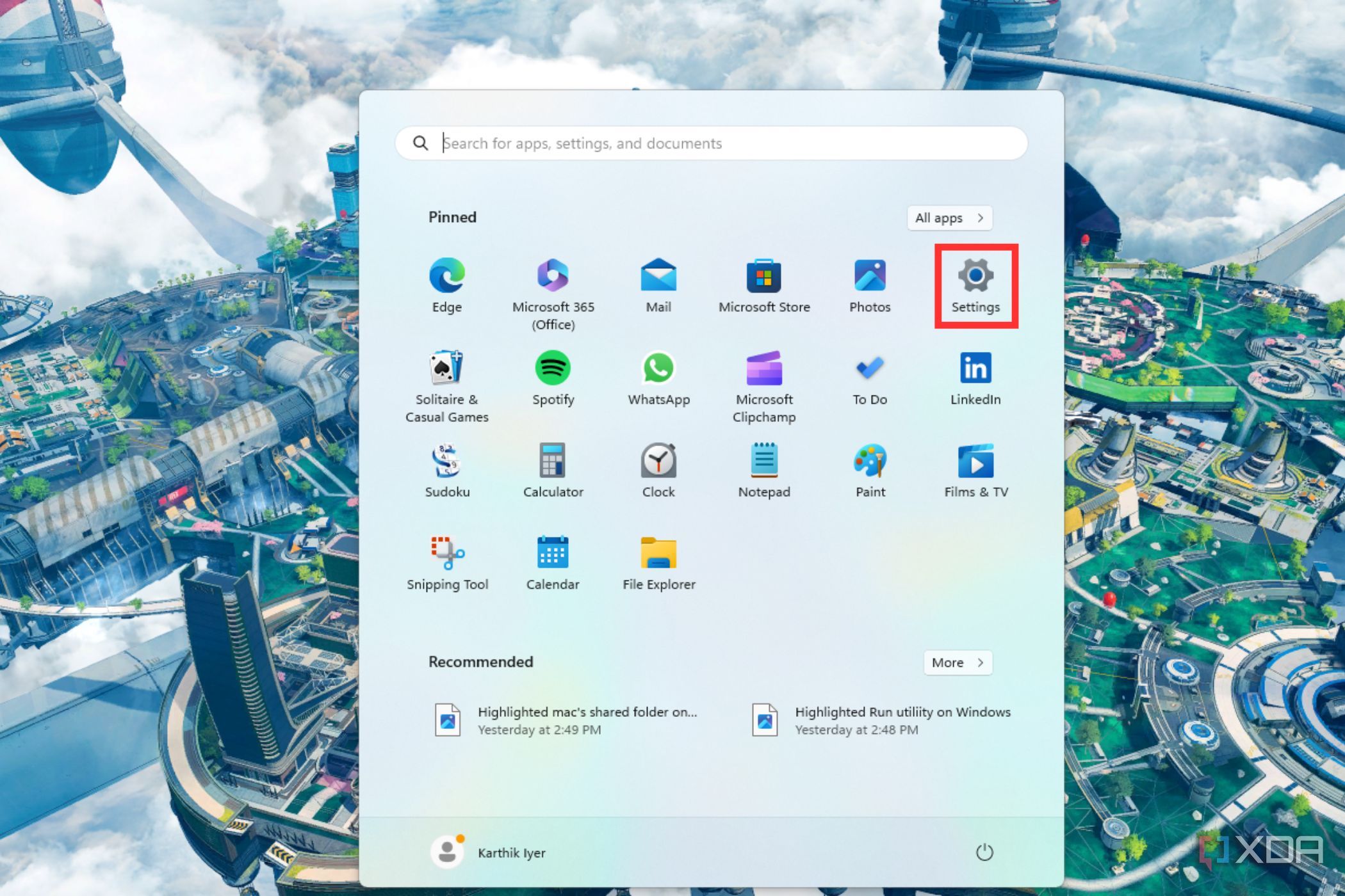 A screenshot showing the highlighted Settings app in the Windows Start menu.