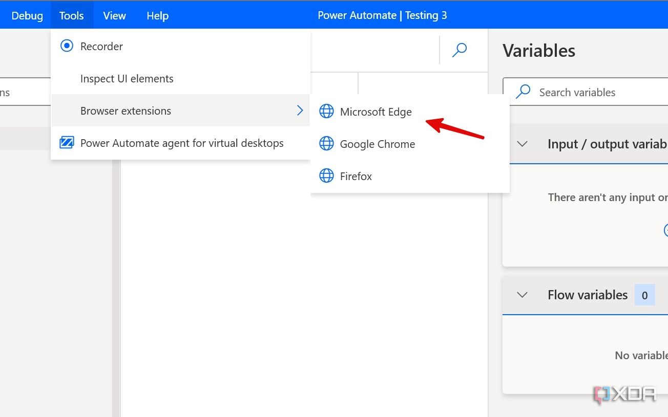 Una captura de pantalla que muestra el menú de herramientas en Power Automate