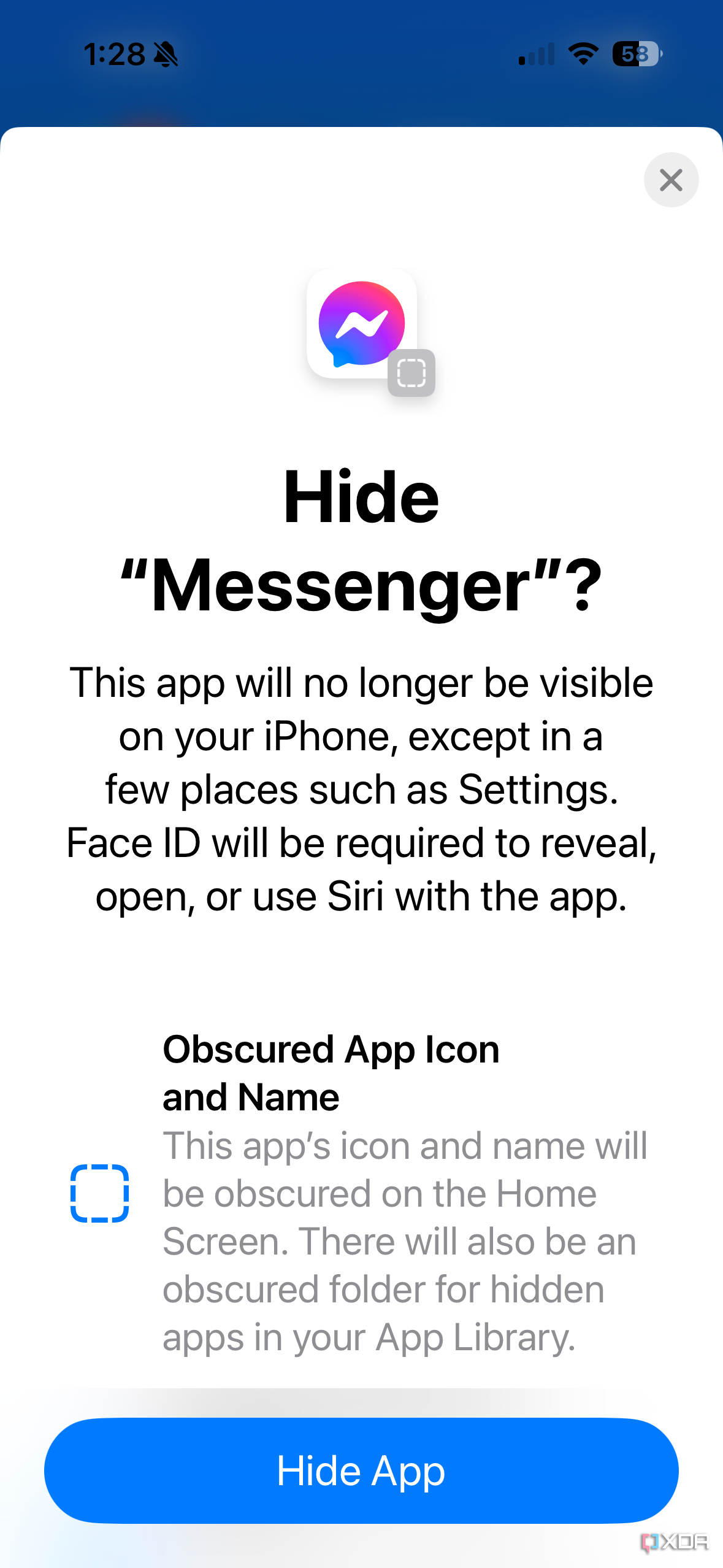 Screenshot showing how to hide an app