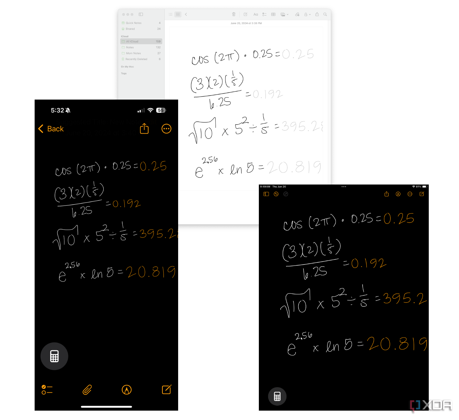 Capturas de pantalla en MacBook, iPhone y iPad que muestran notas de matemáticas compartidas