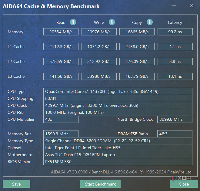 image showing aida64 results from 8gb ddr4 laptop ram