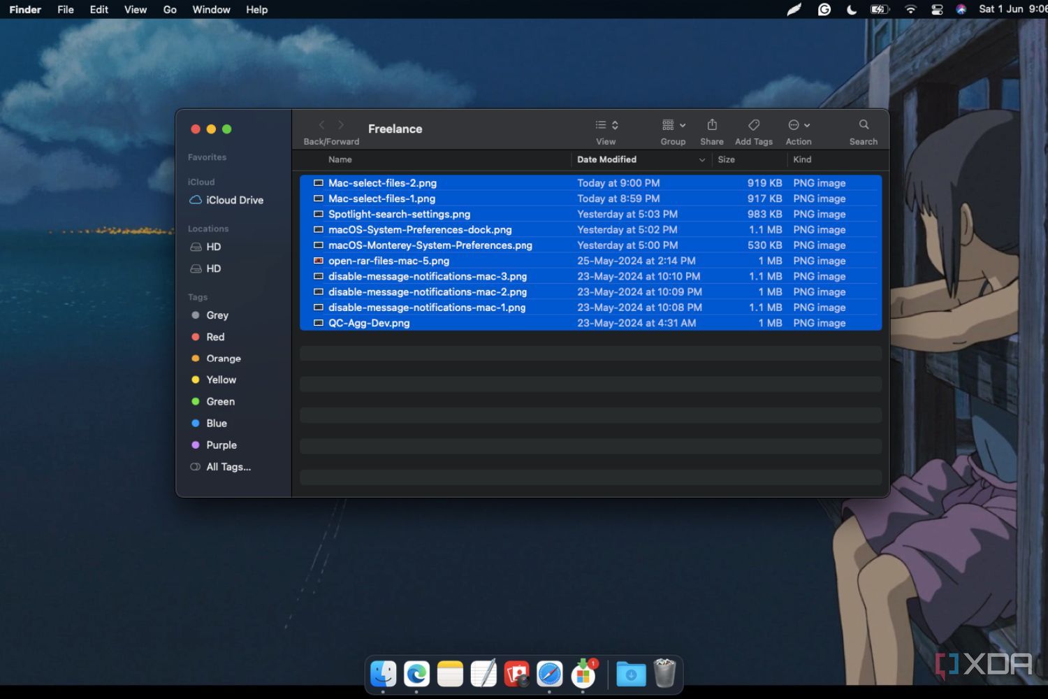 macOS screenshot that shows all the files being selected between the first and last one in a list.