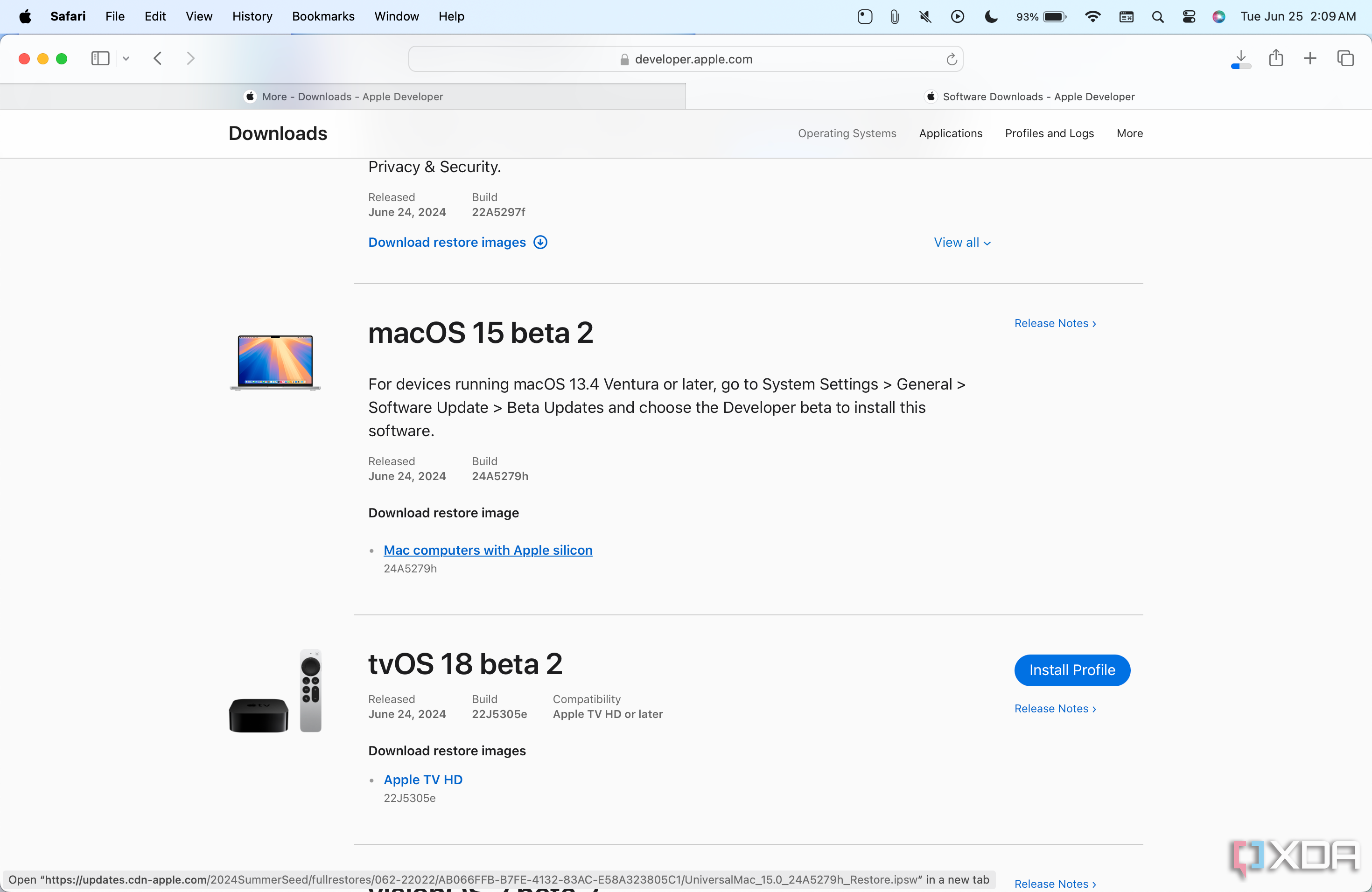 macOS 15 beta en la página de descarga de sistemas operativos de Apple.