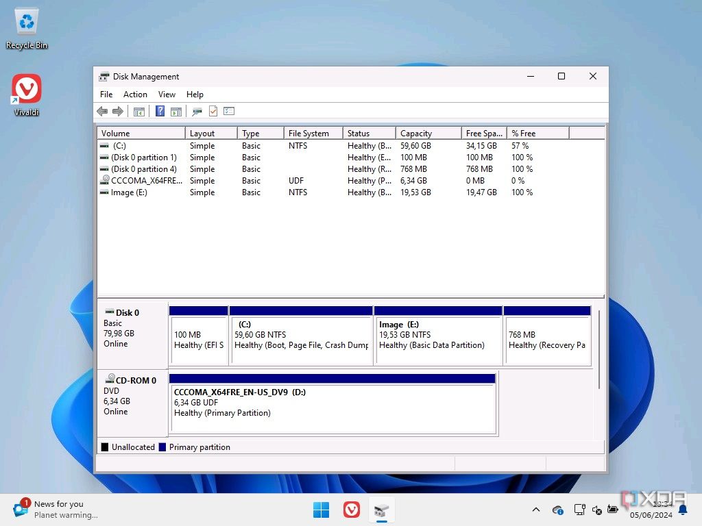 Screenshot of Windows 11 Disk management with a disk with two primary partitions