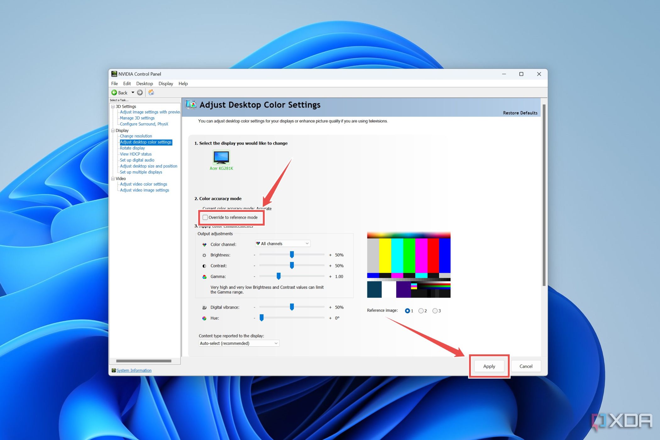 El procedimiento para deshabilitar la opción Anular el modo de referencia en el Panel de control de Nvidia