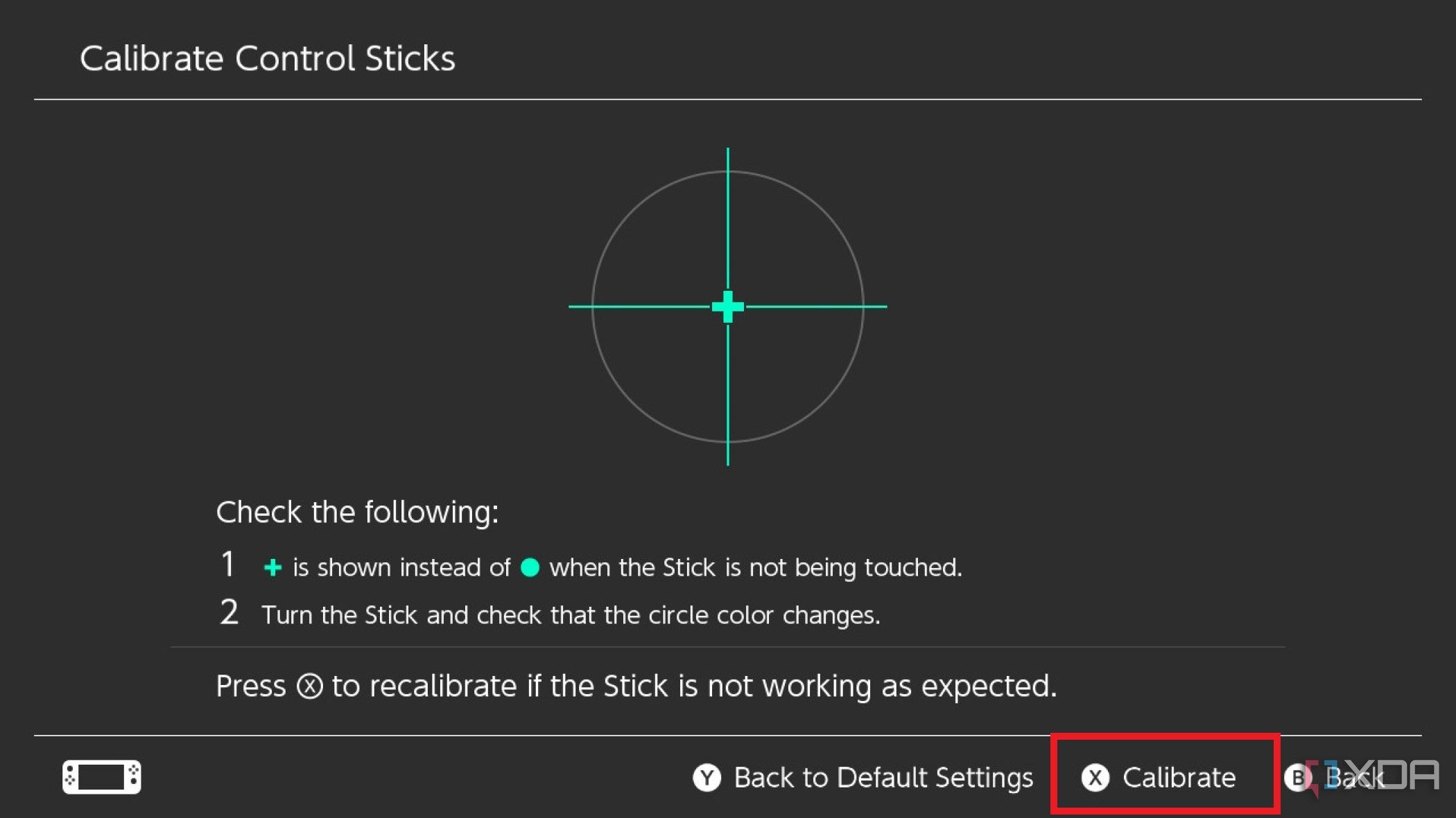 Captura de pantalla de la configuración de Nintendo Switch para calibrar el joystick