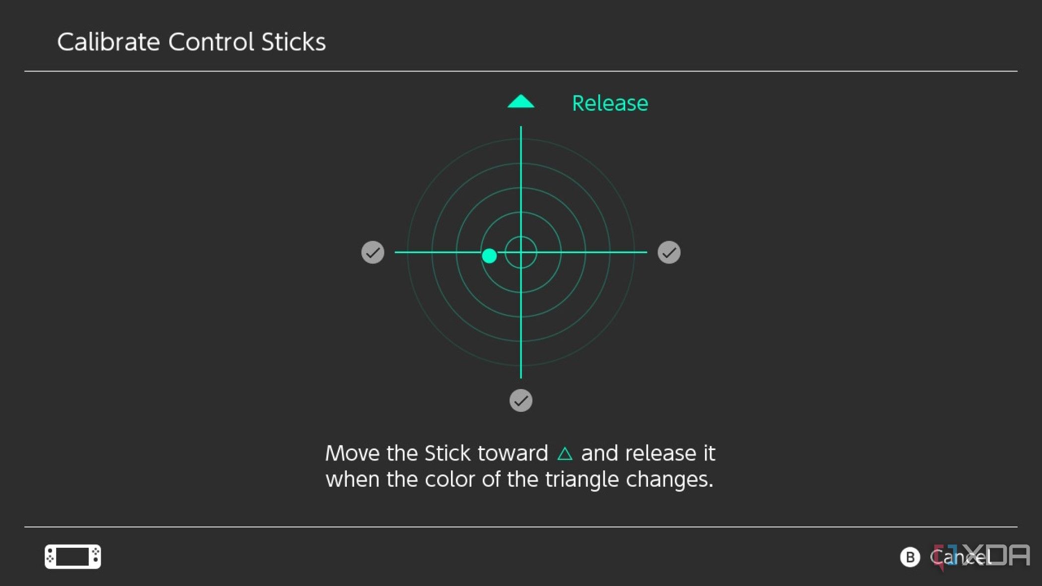 Captura de pantalla de la configuración de Nintendo Switch para calibrar el joystick