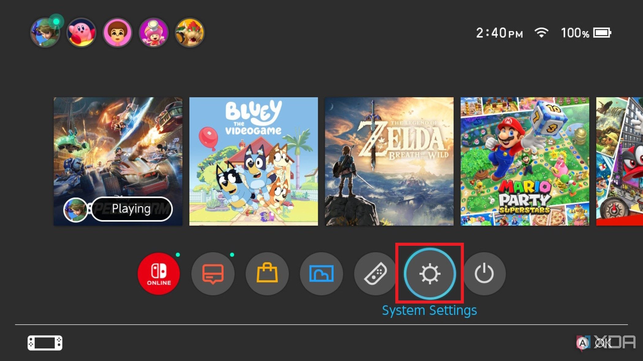 Captura de pantalla del panel de control de Nintendo Switch con el ícono de configuración del sistema resaltado