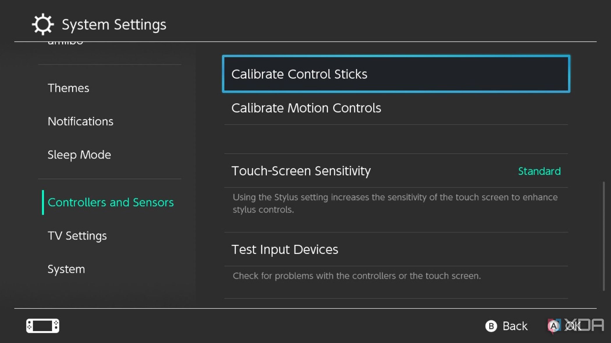 Captura de pantalla de la configuración de Nintendo Switch con los joysticks de calibración resaltados