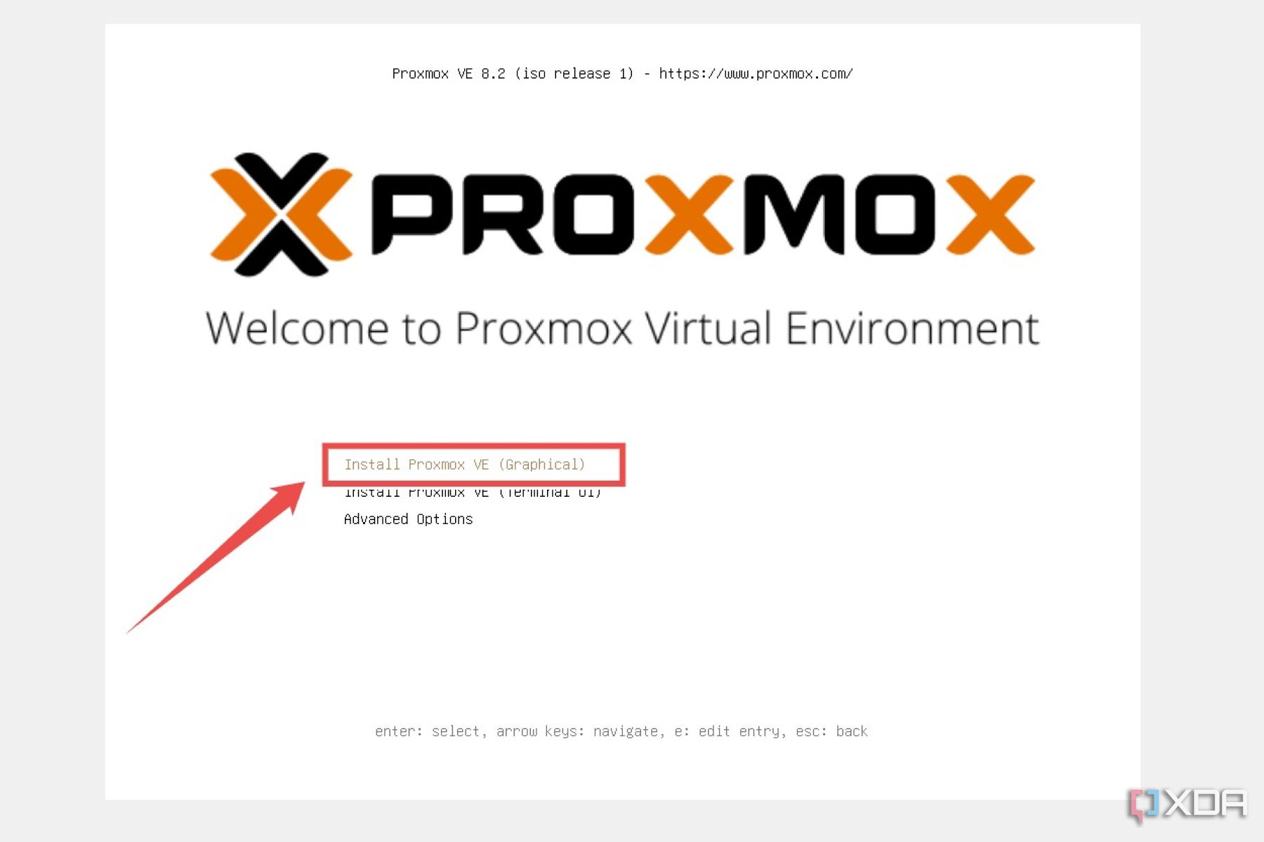 La página de bienvenida en el procedimiento de instalación de Proxmox