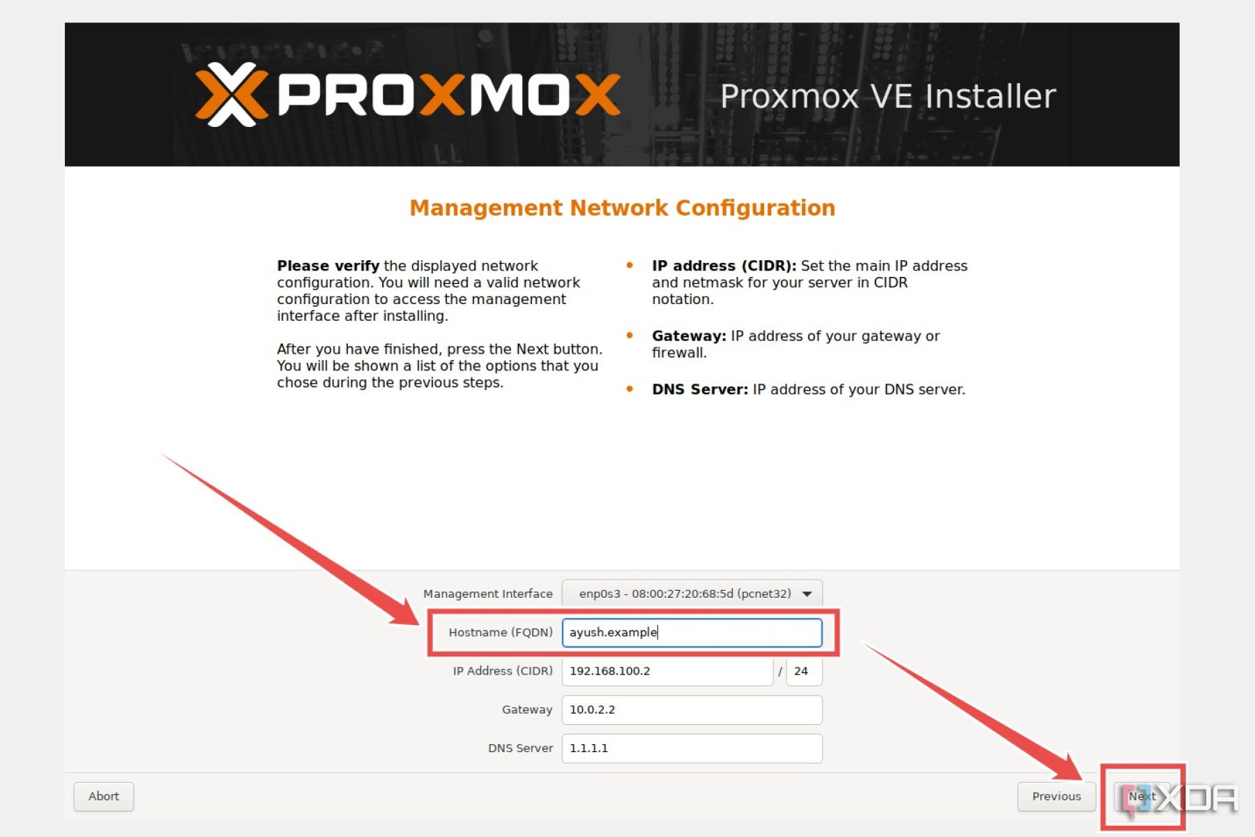 La opción para seleccionar el nombre de host en el asistente de instalación de Proxmox