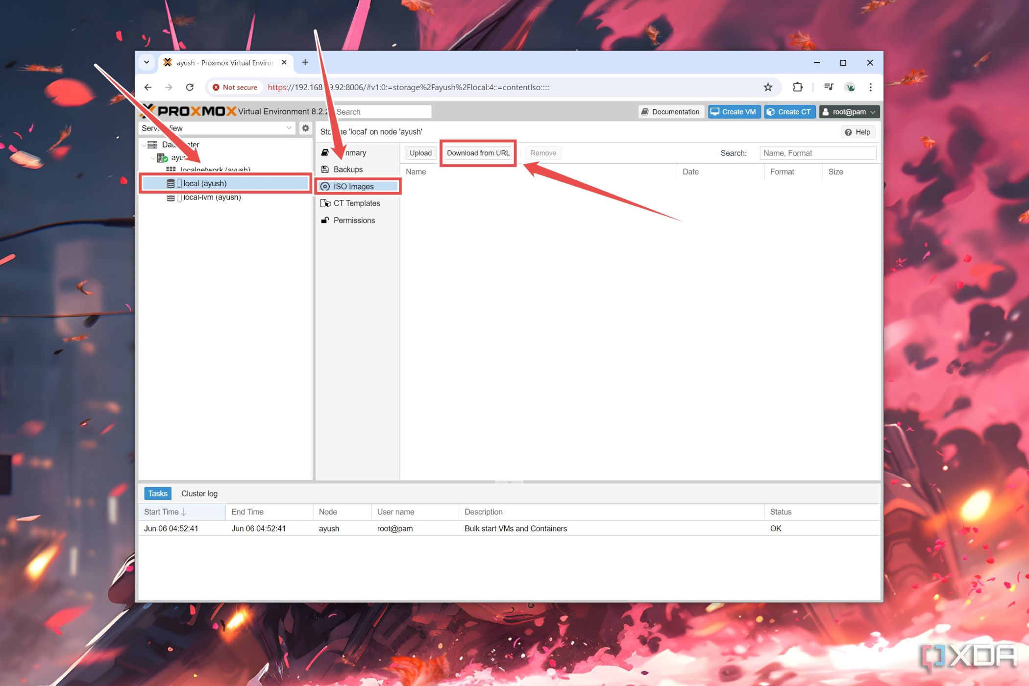 El procedimiento para descargar una ISO en la interfaz web de Proxmox