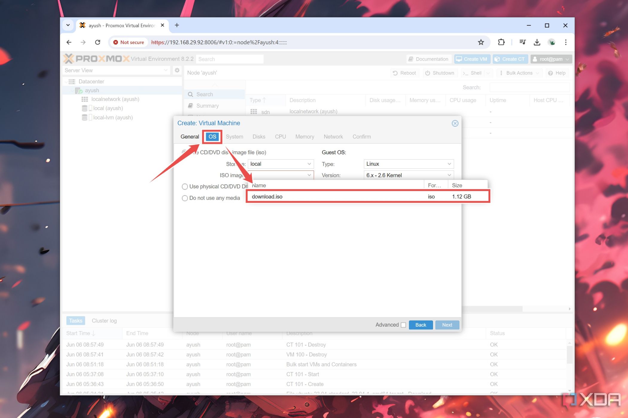 El procedimiento para seleccionar un archivo ISO para una máquina virtual Proxmox