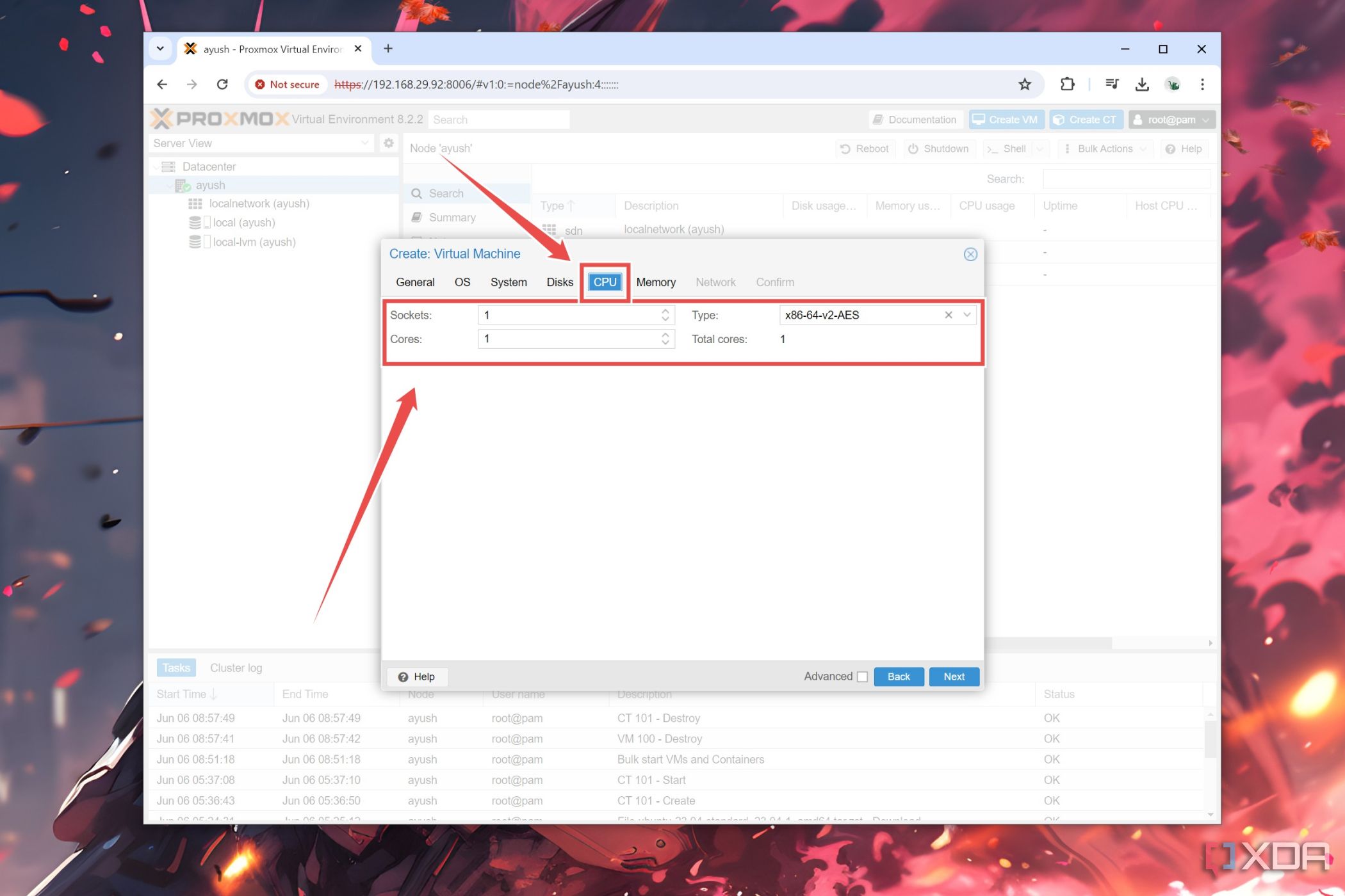 La configuración de la CPU para una máquina virtual Proxmox