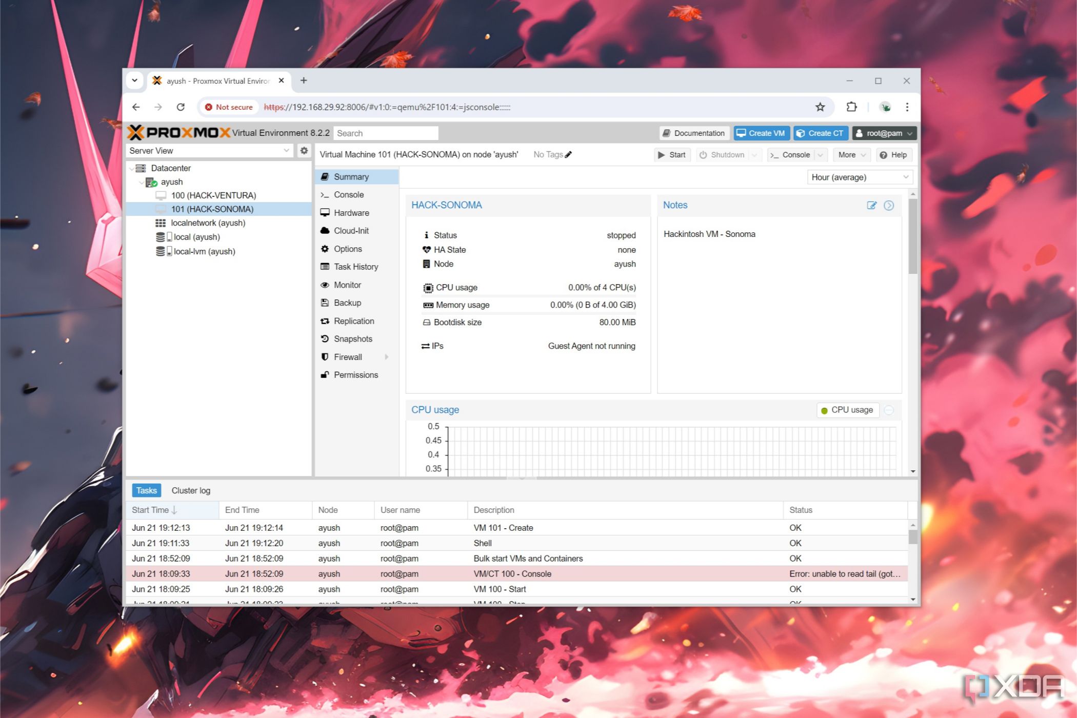 Una captura de pantalla de Proxmox que muestra las máquinas virtuales macOS Ventura y Sonoma