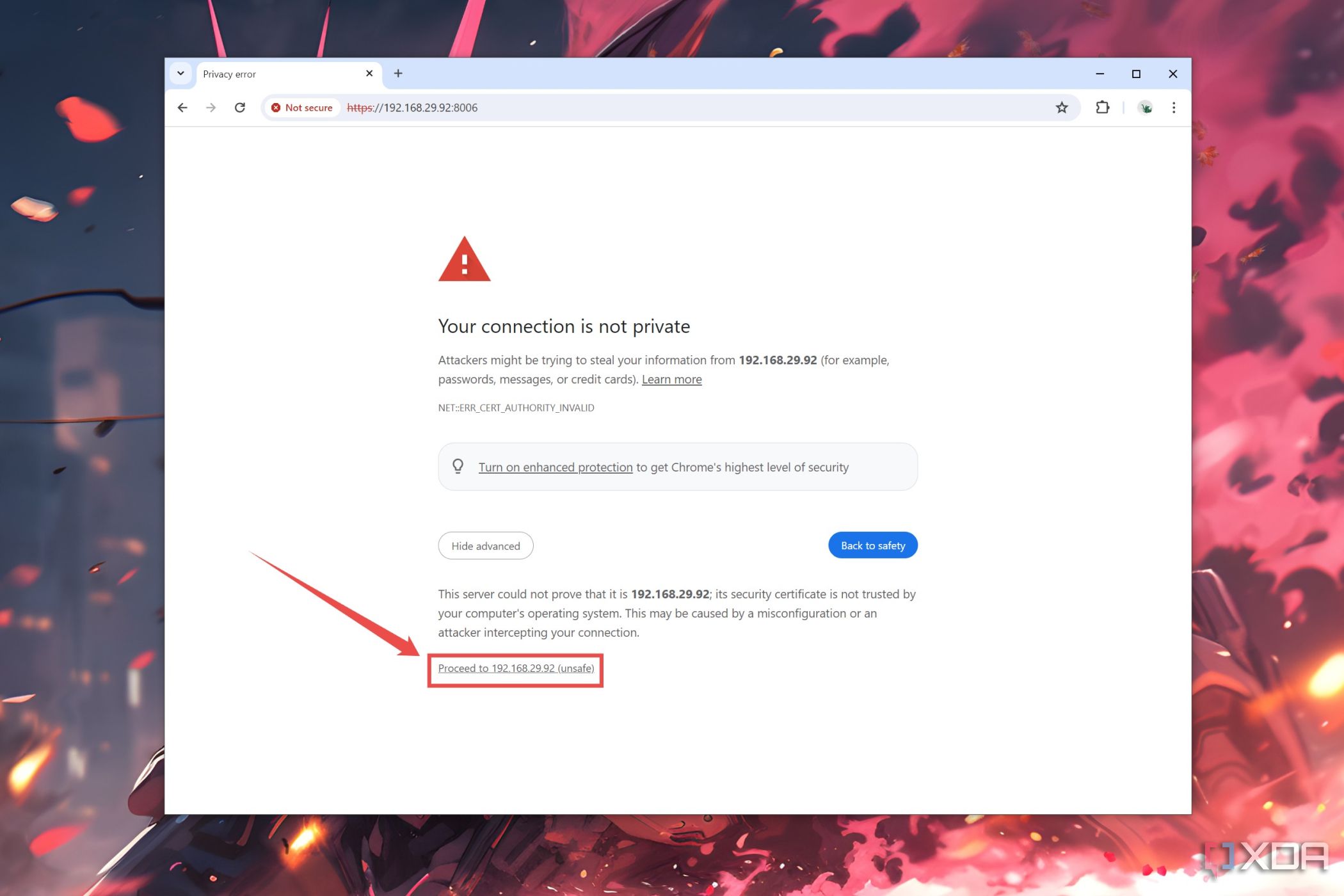 La opción para proceder a la URL en Chrome